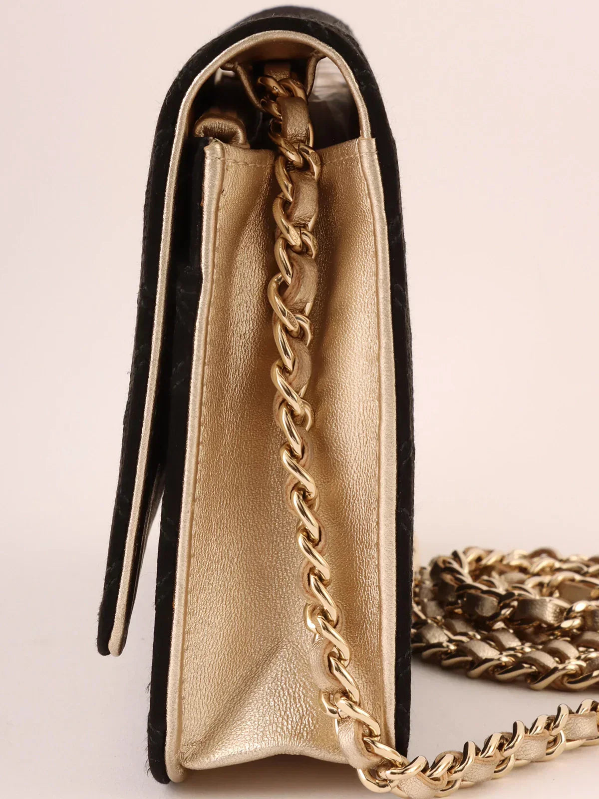 Chanel Around  Made Silk Satin Mini Cc Mark Plate Wallet On Chain Black/Champagne Gold