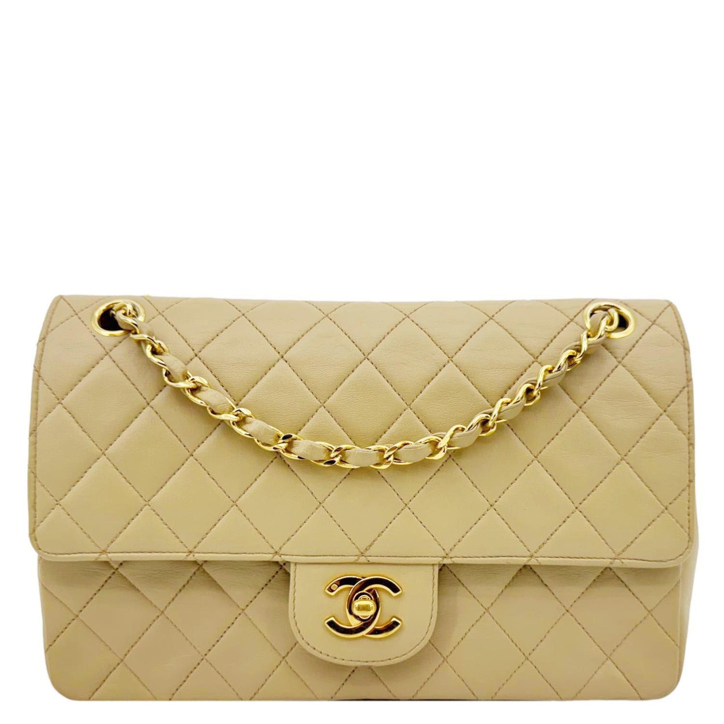 Chanel Classic Double Flap Quilted Leather Beige Travel Bag Missing Code