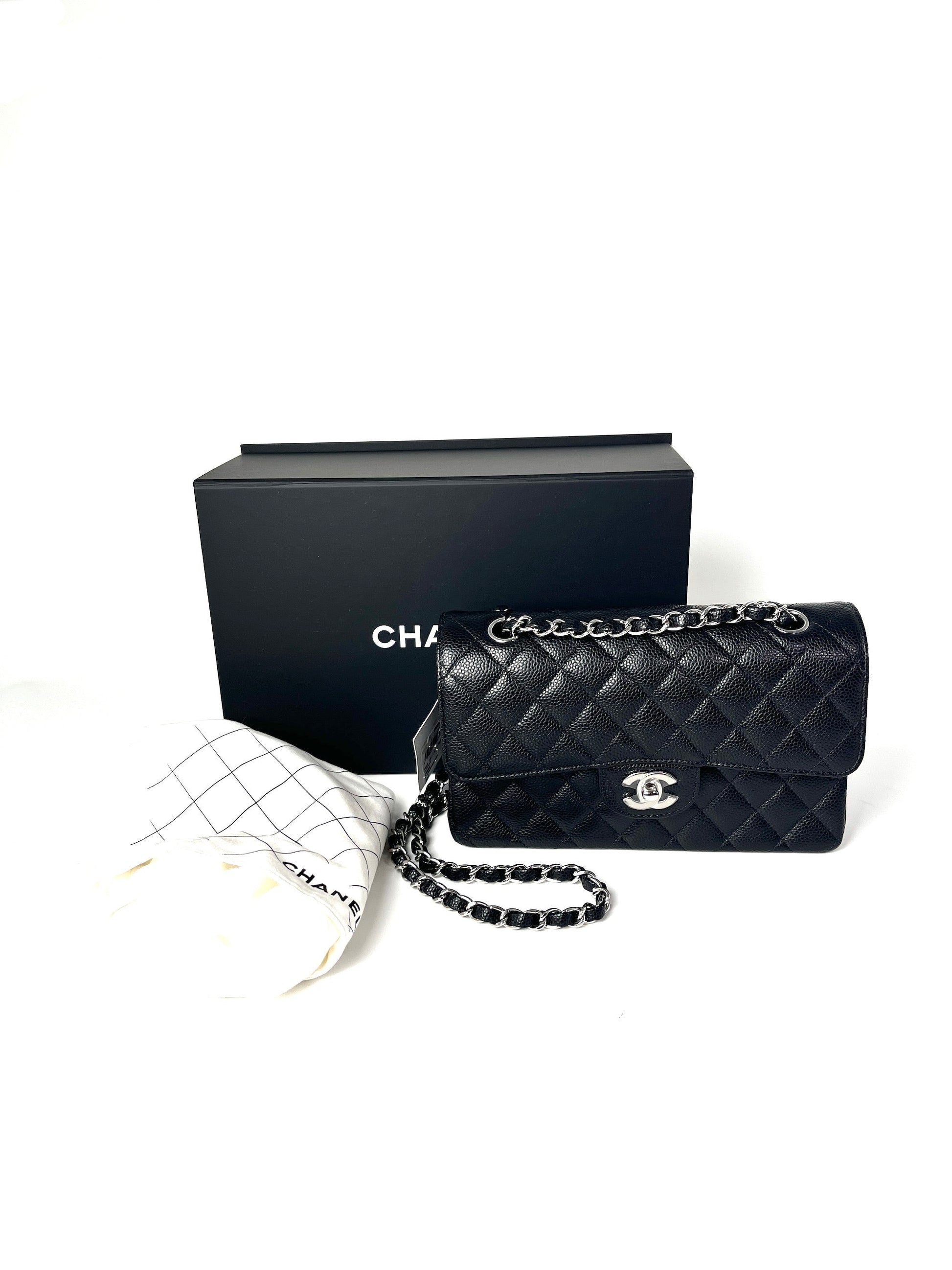 Chanel New Black Small Quilted Caviar Leather Double Flap Shoulder Bag