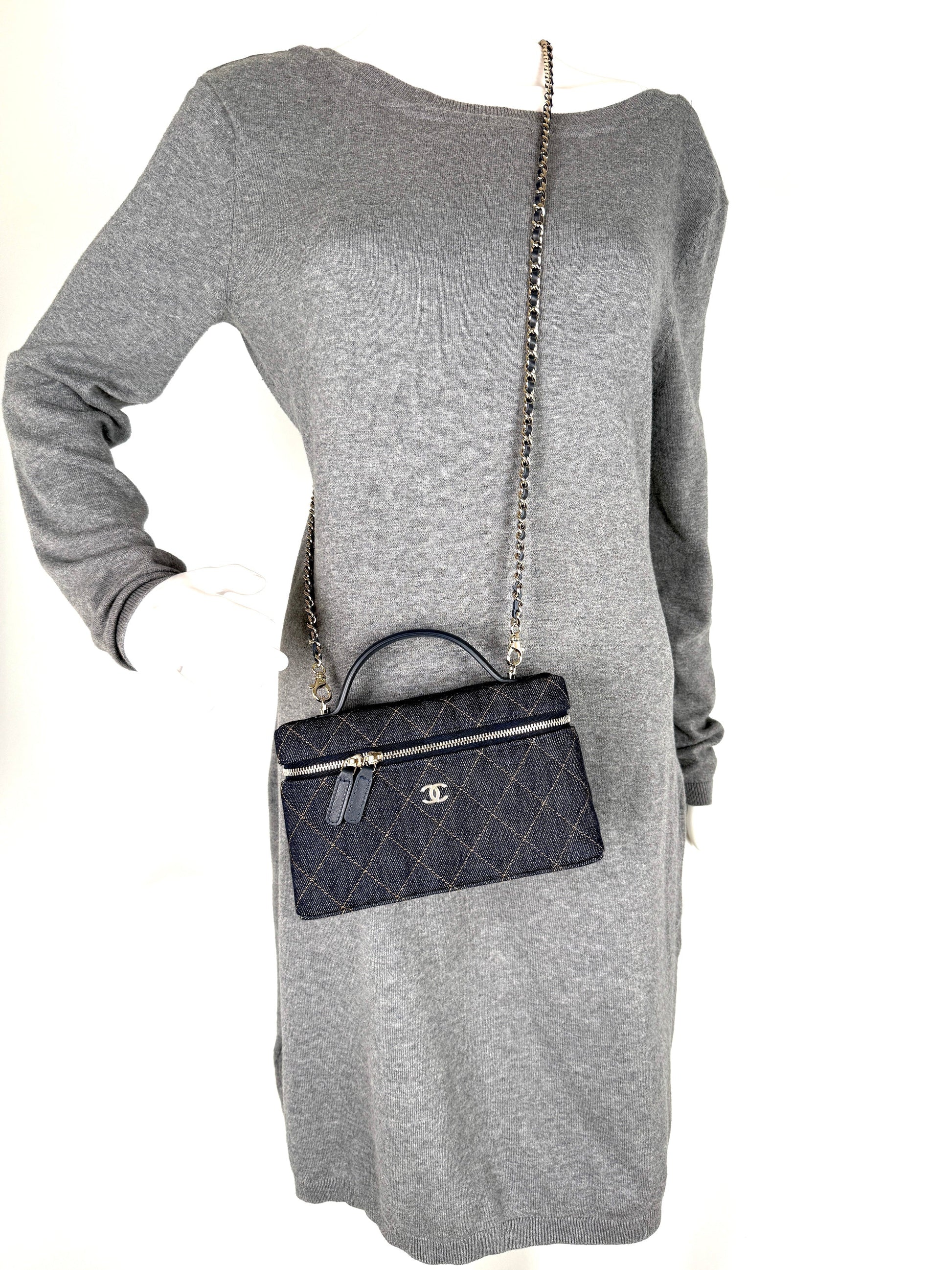 Chanel Long Classic Vanity Dark Denim Quilted Zip Top Handle Crossbody With Chain Bag New