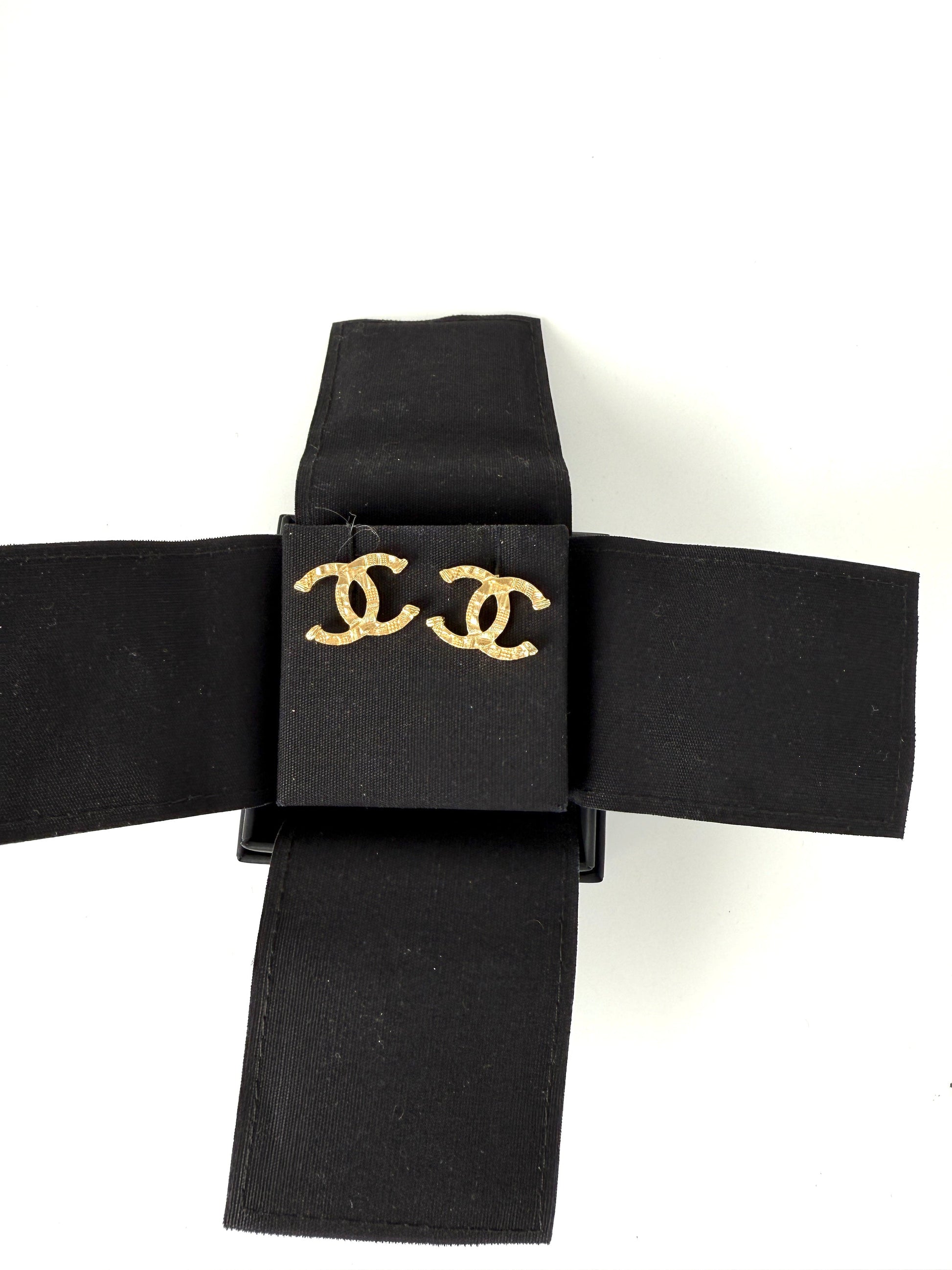 Chanel Gold Tone Cc Logo Stud Hammered Earrings
