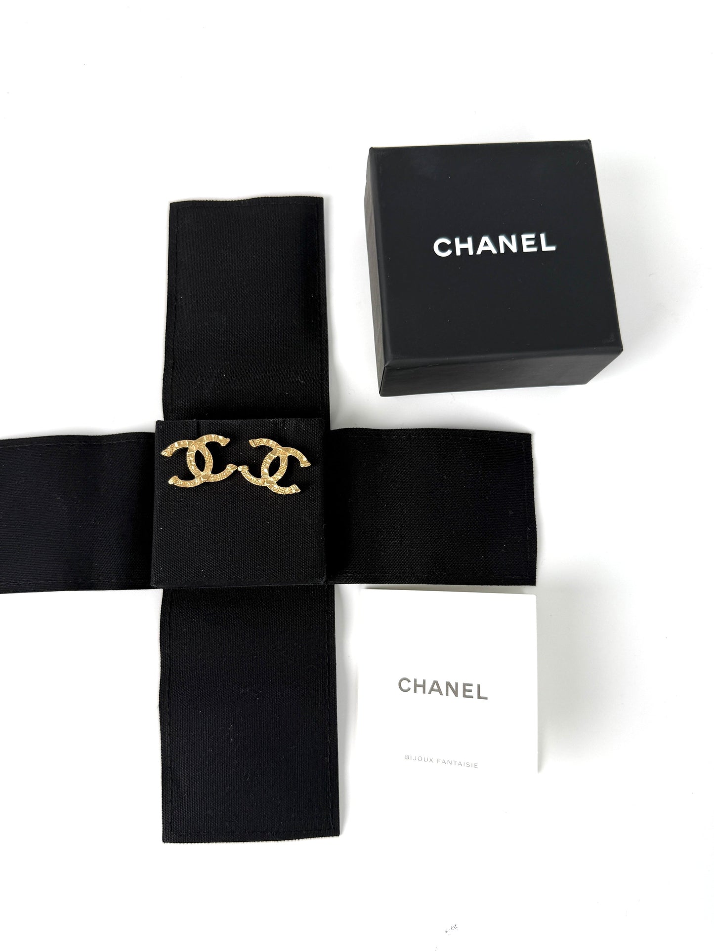 Chanel Gold Tone Cc Logo Stud Hammered Earrings