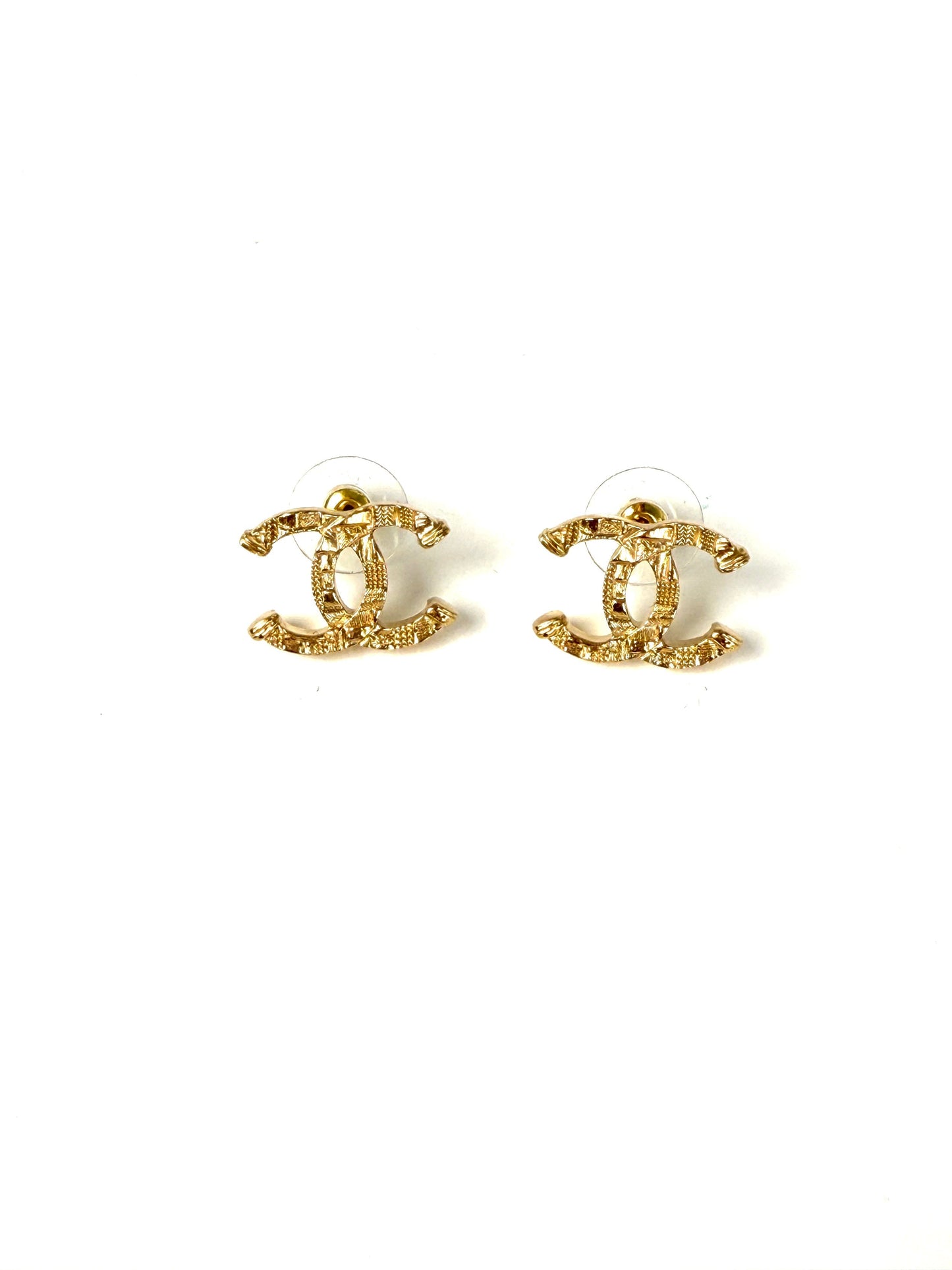 Chanel Gold Tone Cc Logo Stud Hammered Earrings