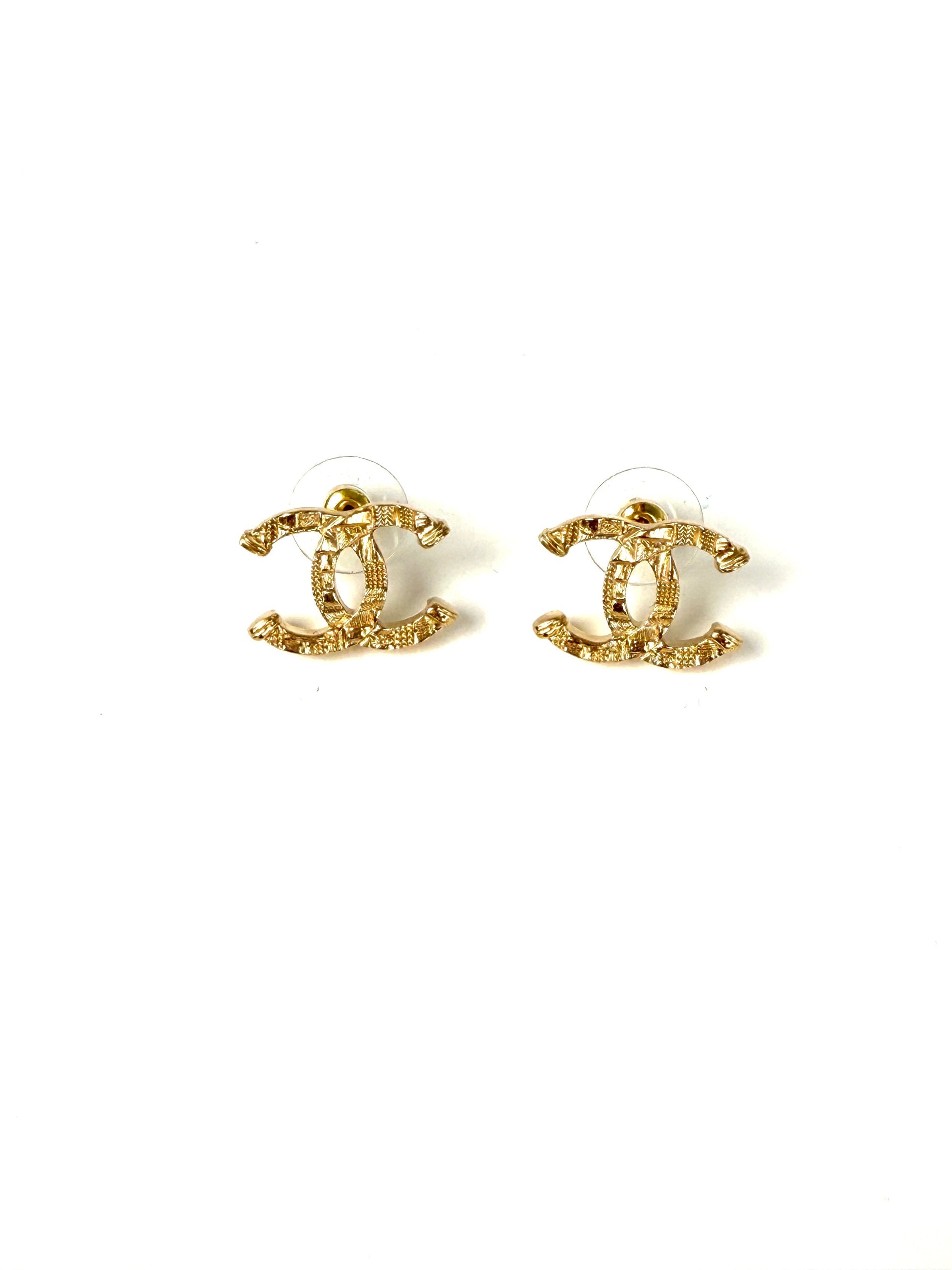 Chanel Gold Tone Cc Logo Stud Hammered Earrings