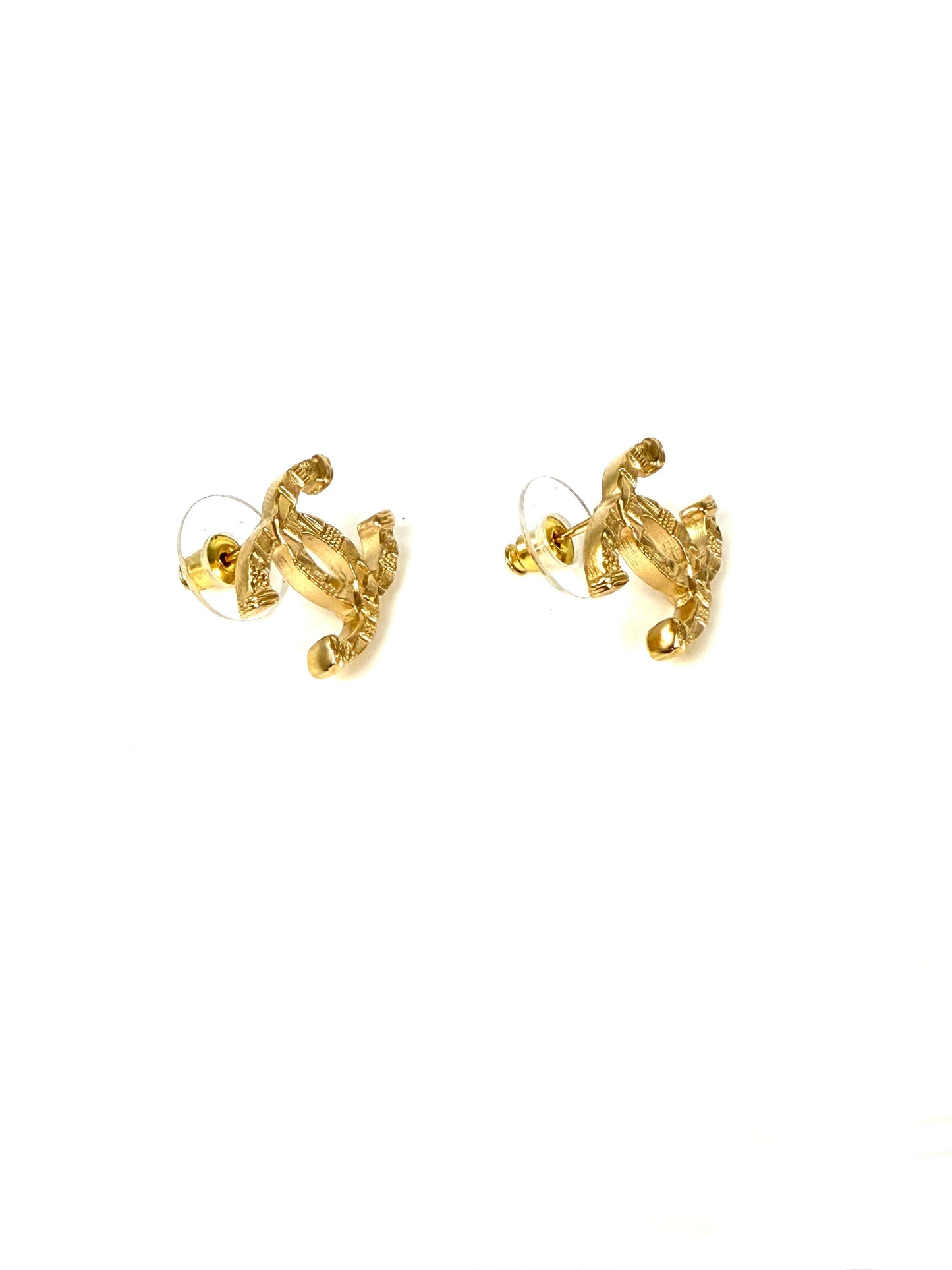 CHANEL 2024 Gold Tone CC Logo Stud Hammered Earrings