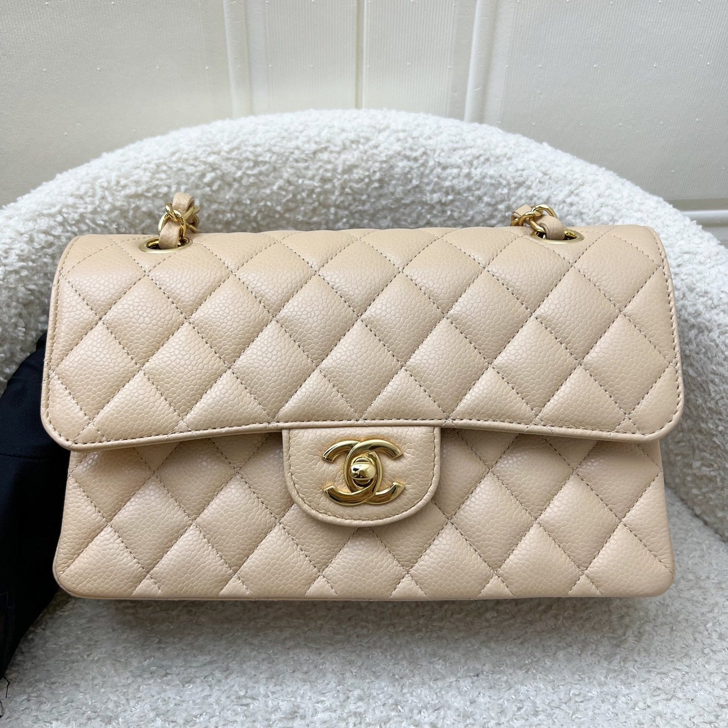 Chanel [Like New!] Small Classic Flap Cf In Beige Caviar And Lghw Bag