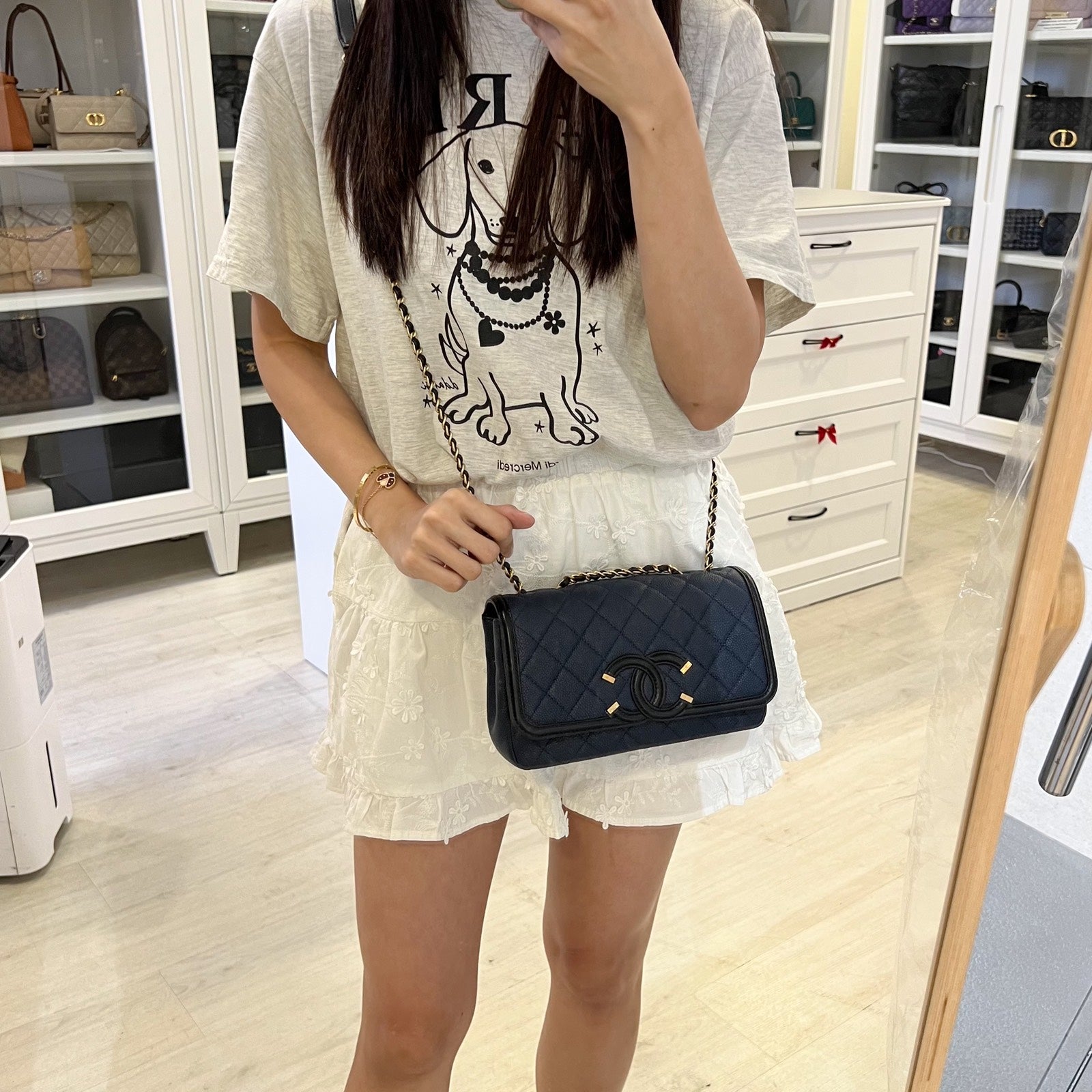 Chanel Filigree Small Flap in Navy Caviar with Black Trim and Aghw ( ) Handbag