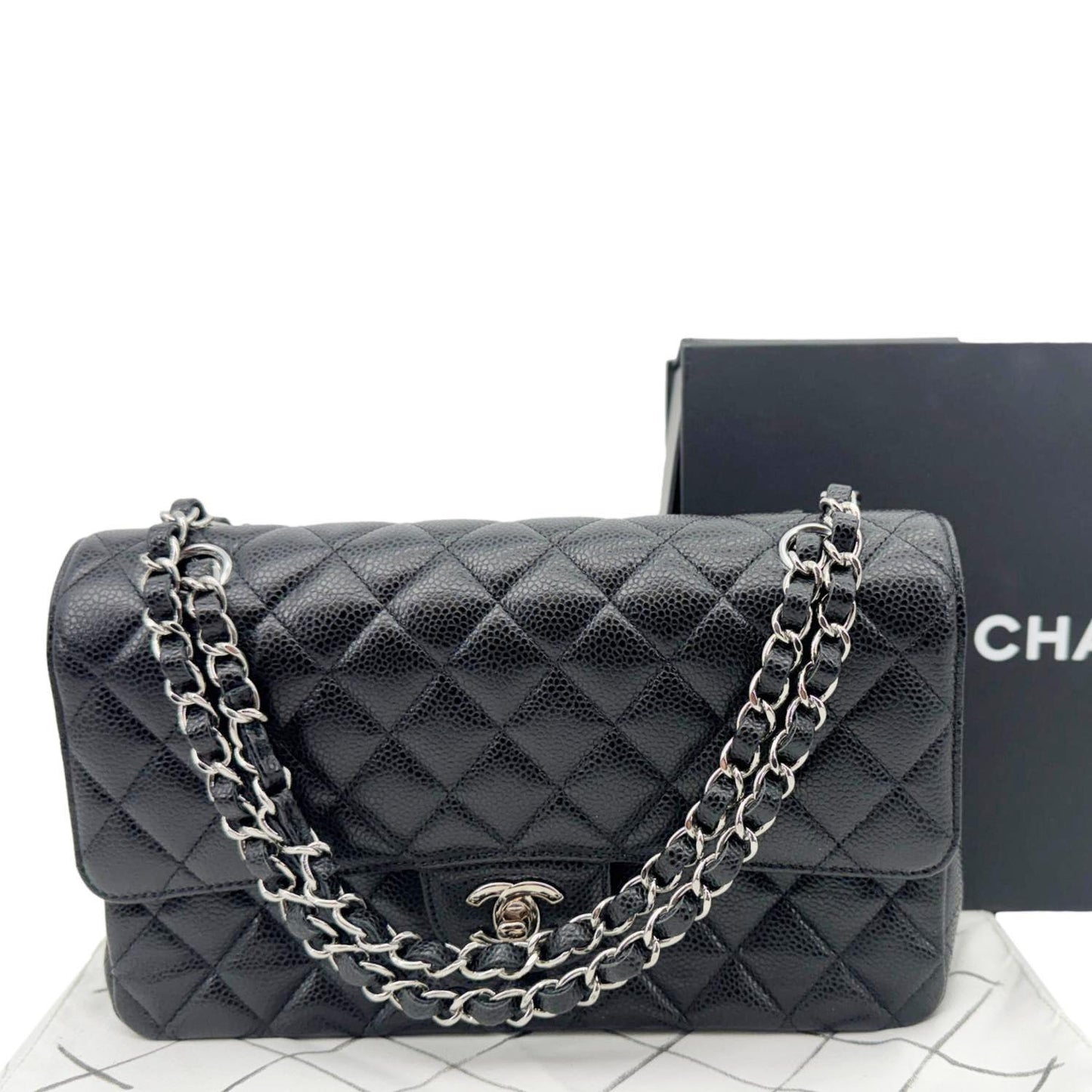 Chanel Classic Double Flap Quilted Caviar Leather Black Travel Bag Flap 1