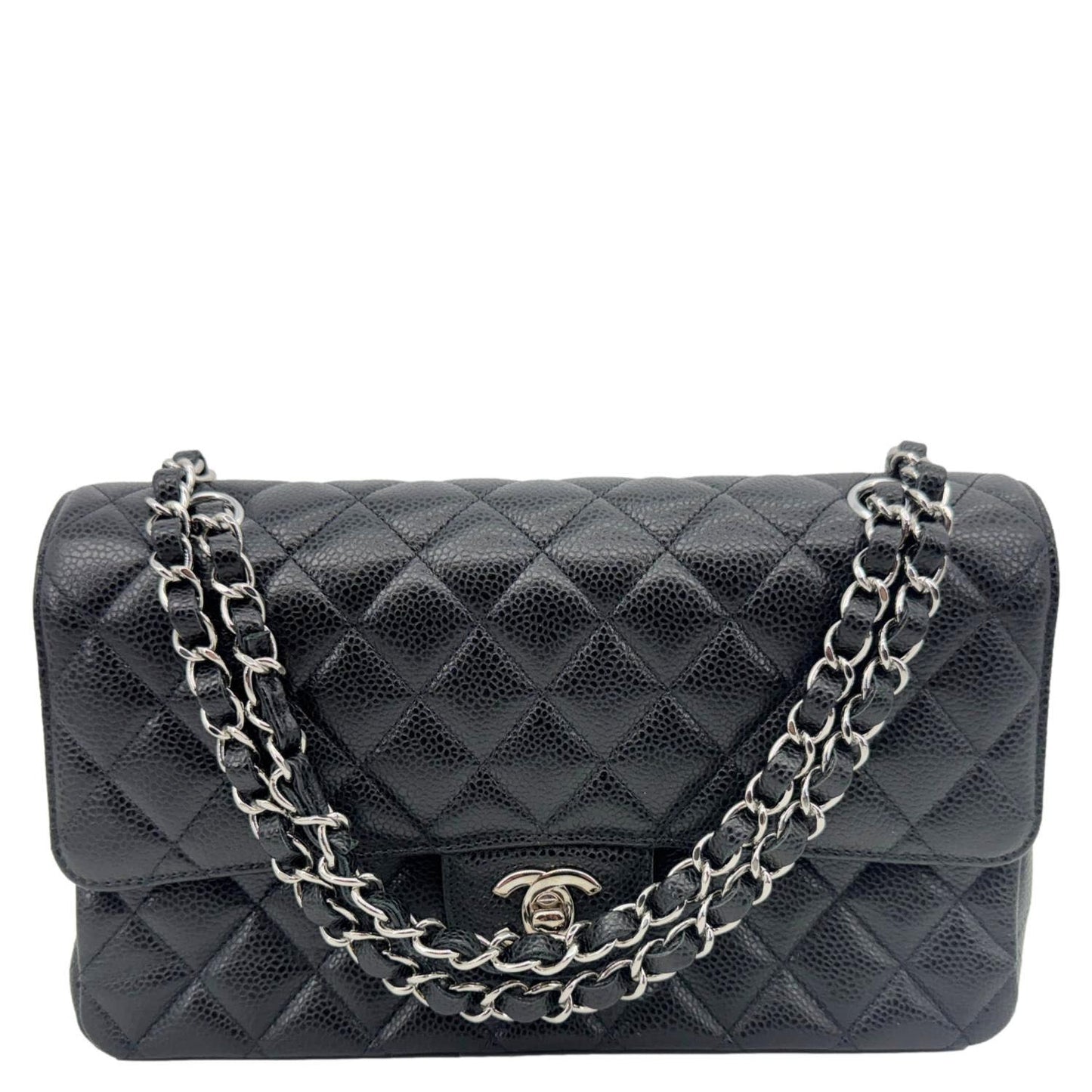 Chanel Classic Double Flap Quilted Caviar Leather Black Travel Bag Flap 1