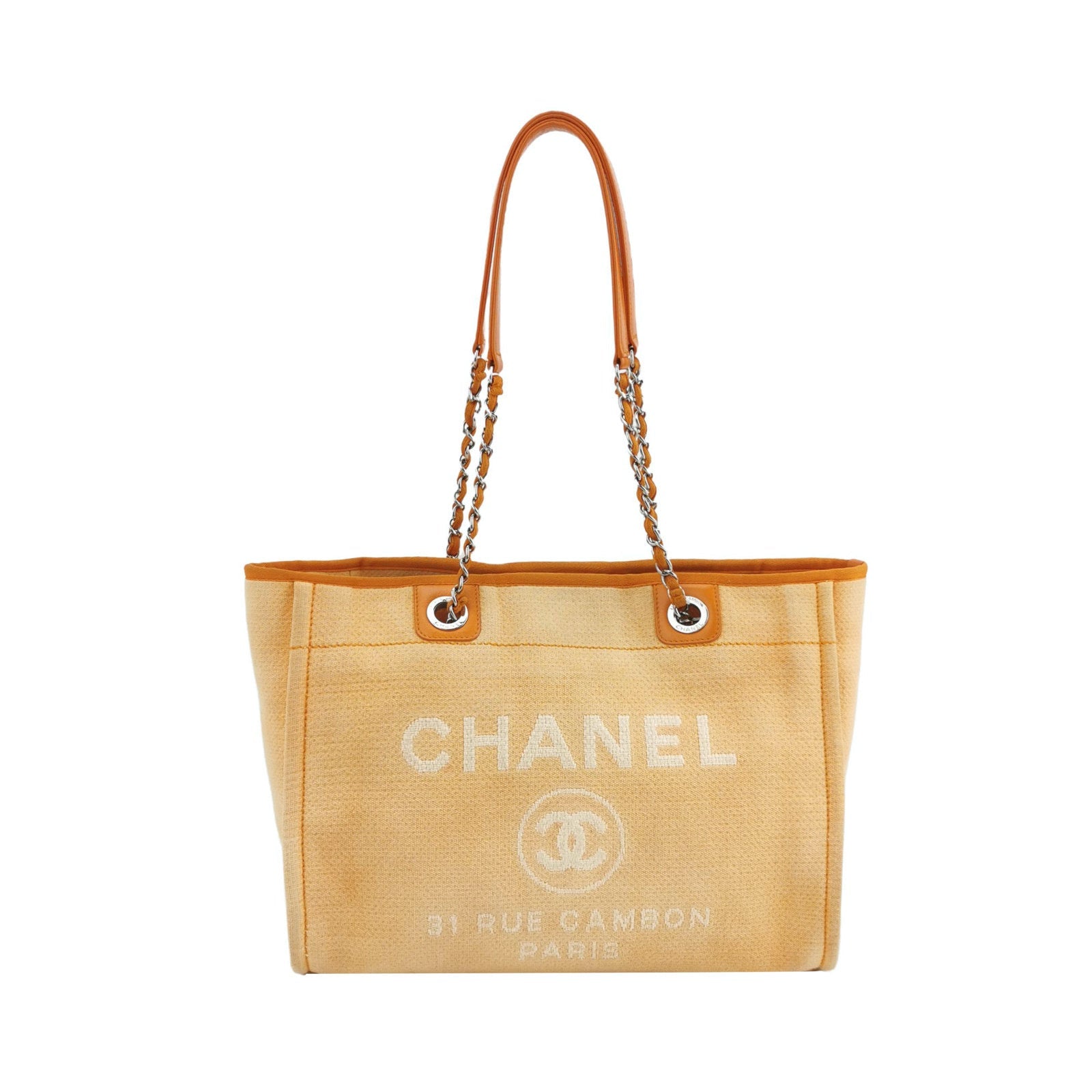 Chanel Deauville Denim Trim Orange Small Leather Tote Bag