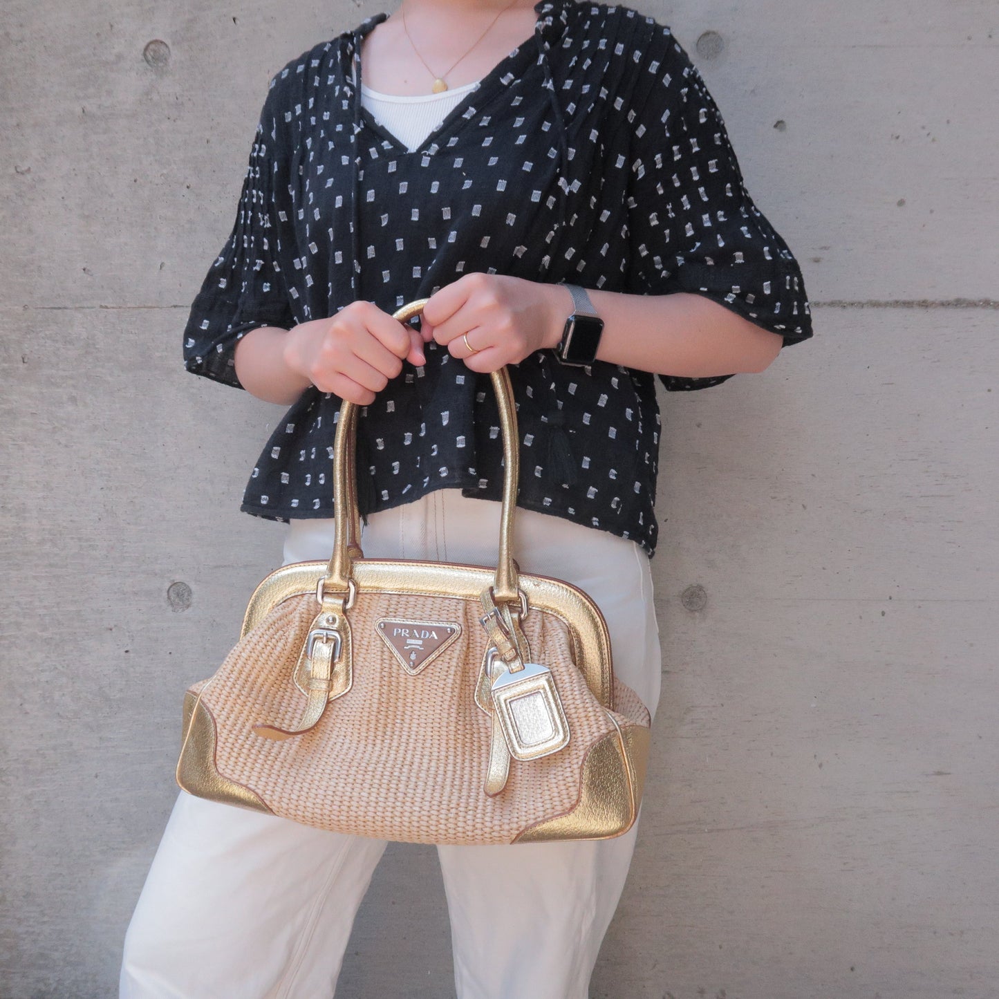 Prada Prada Paglia Straw Leather Shoulder Bag Metalic Gold