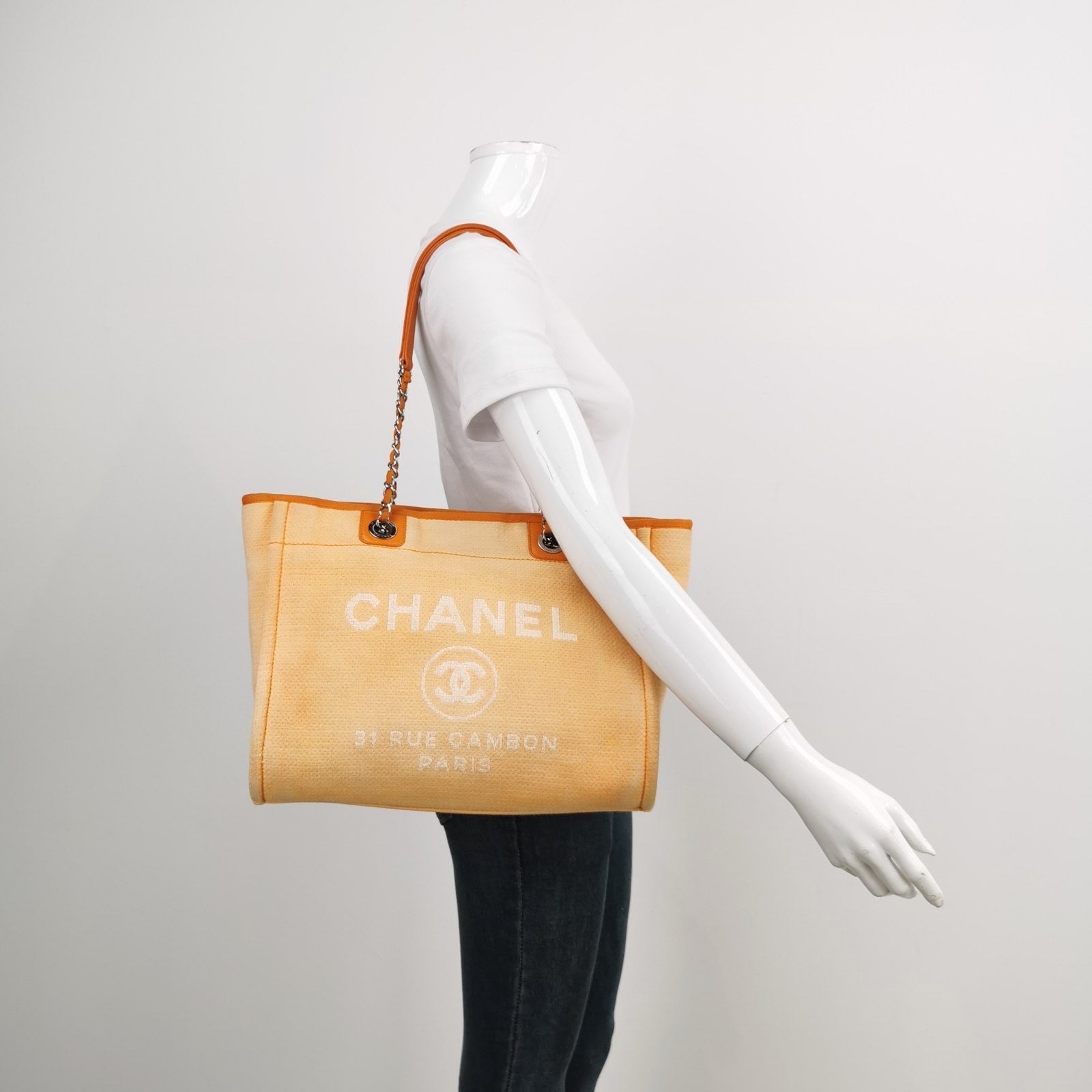 Chanel Deauville Denim Trim Orange Small Leather Tote Bag