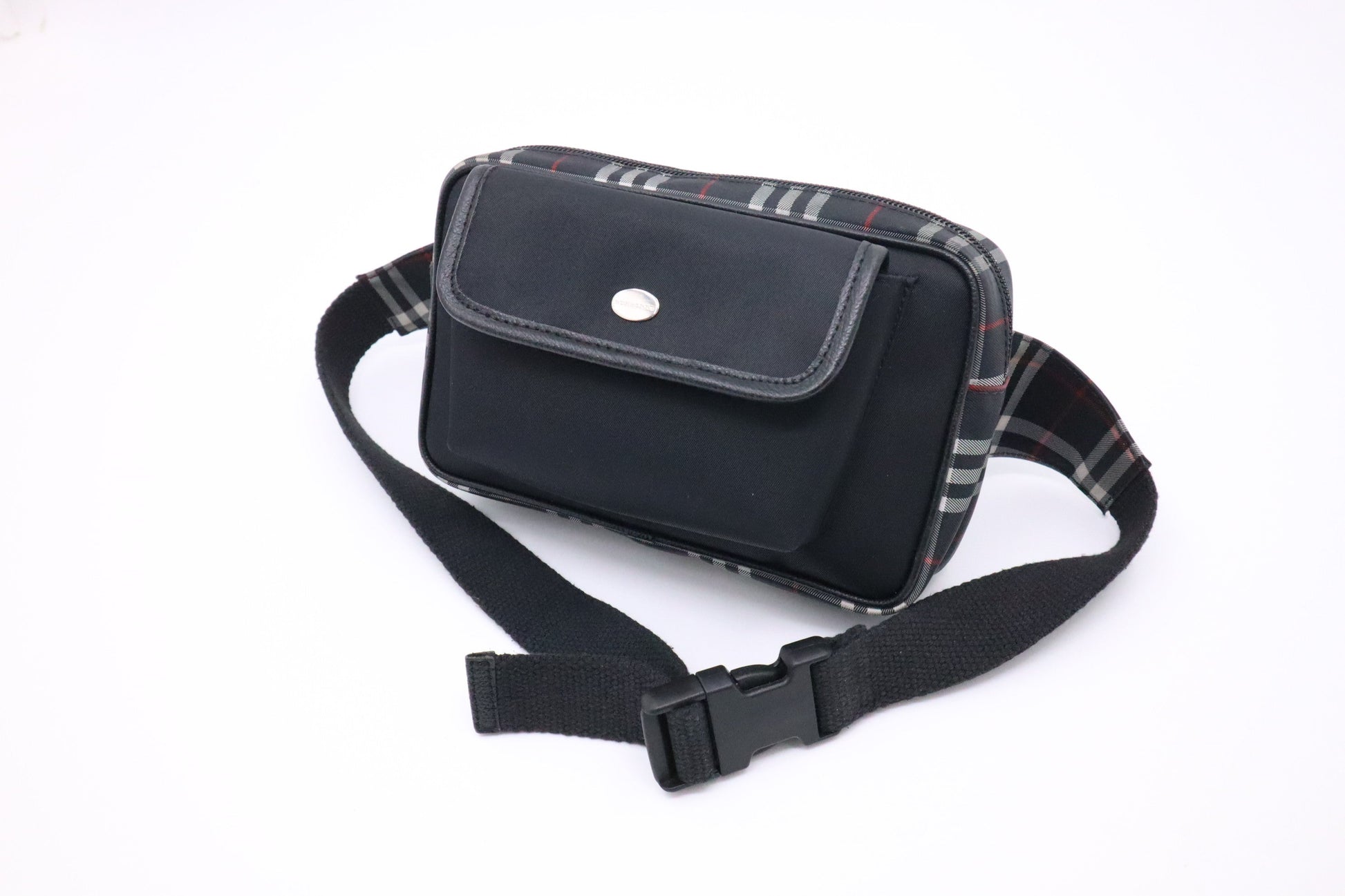 Burberry Waist Pouch In Check Handbag Nylon Black Travel Bag
