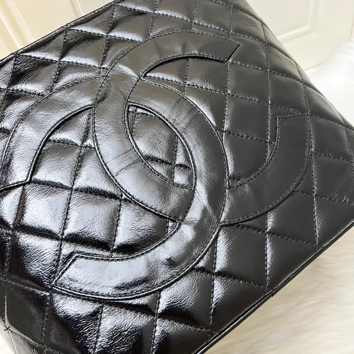 Chanel   Medallion Tote in Black Glossy Calfskin and AGHW