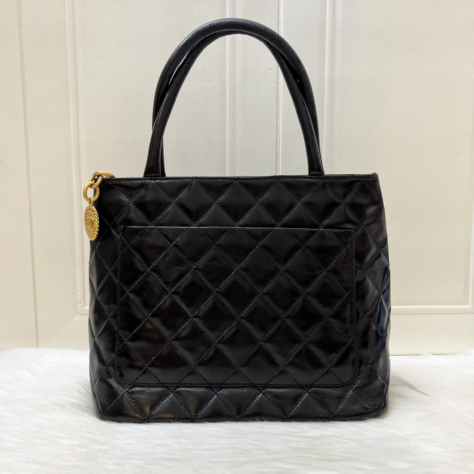 Chanel Medallion Tote in Black Glossy Calfskin and Aghw