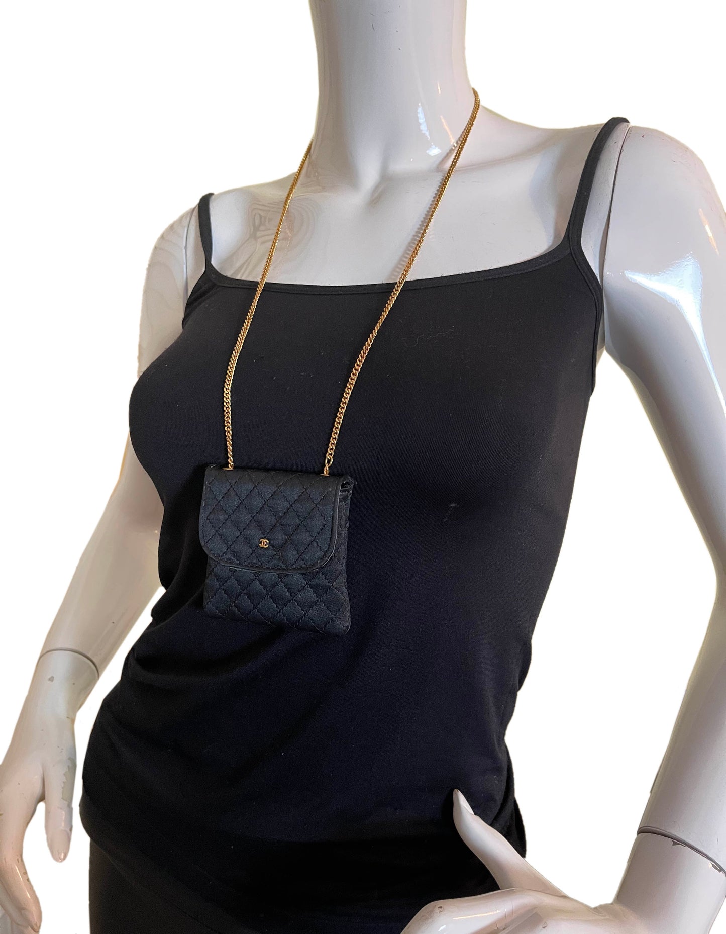 Chanel Black Quilted Satin Micro Flap Bag Necklace