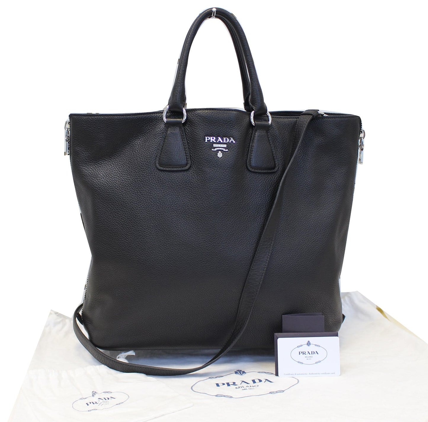 Prada Vitello Phenix Convertible Shopping Tote Bag Leather Black
