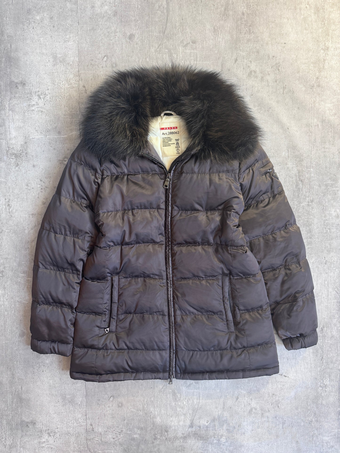 Prada Handbag Fur Collar Puffer Down Jacket Brown Medium