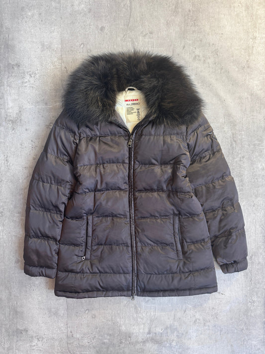 Prada Handbag Fur Collar Puffer Down Jacket Brown Medium