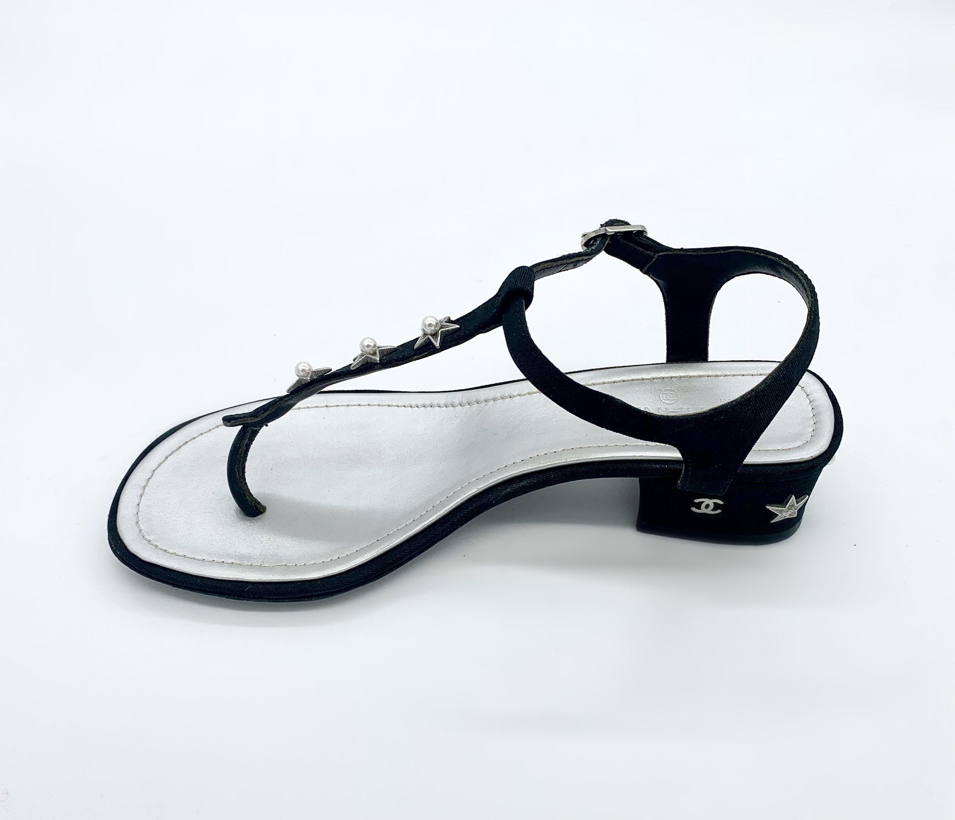 Chanel T Strap Pearl Embellished Block Heel Sandals for Women