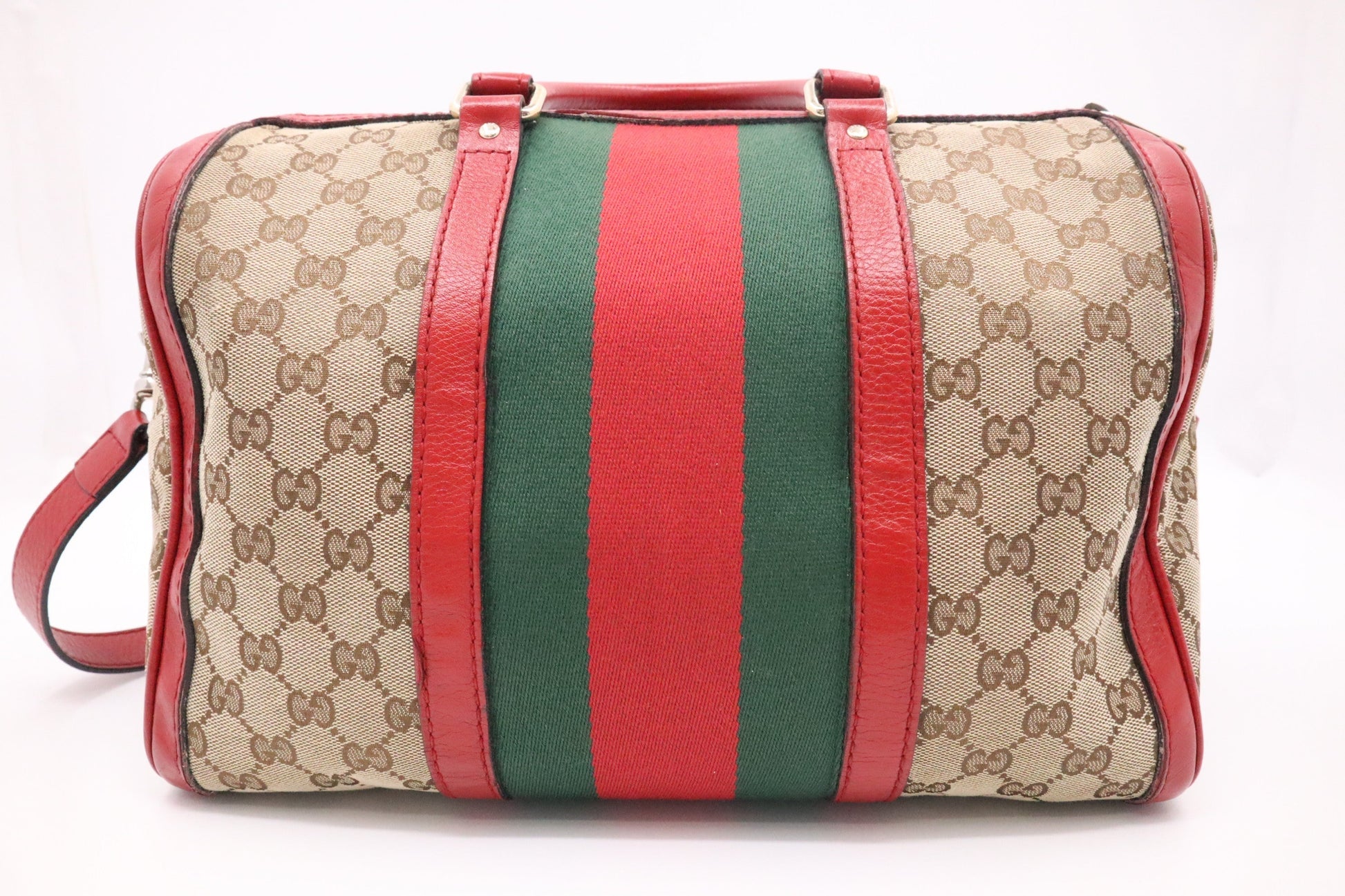Gucci Boston Bag Bandouliere In Red Leather Canvas Travel Bag