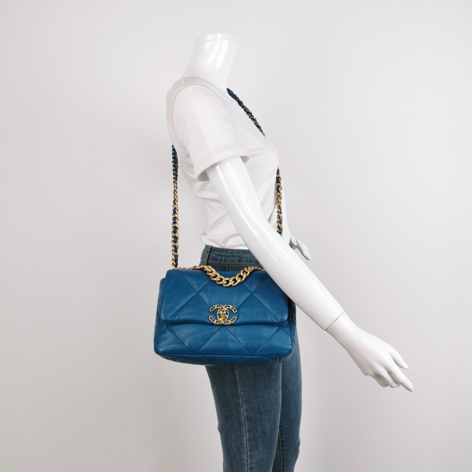 Chanel 19 Teal Hardware Blue Gold Small Crossbody Bag