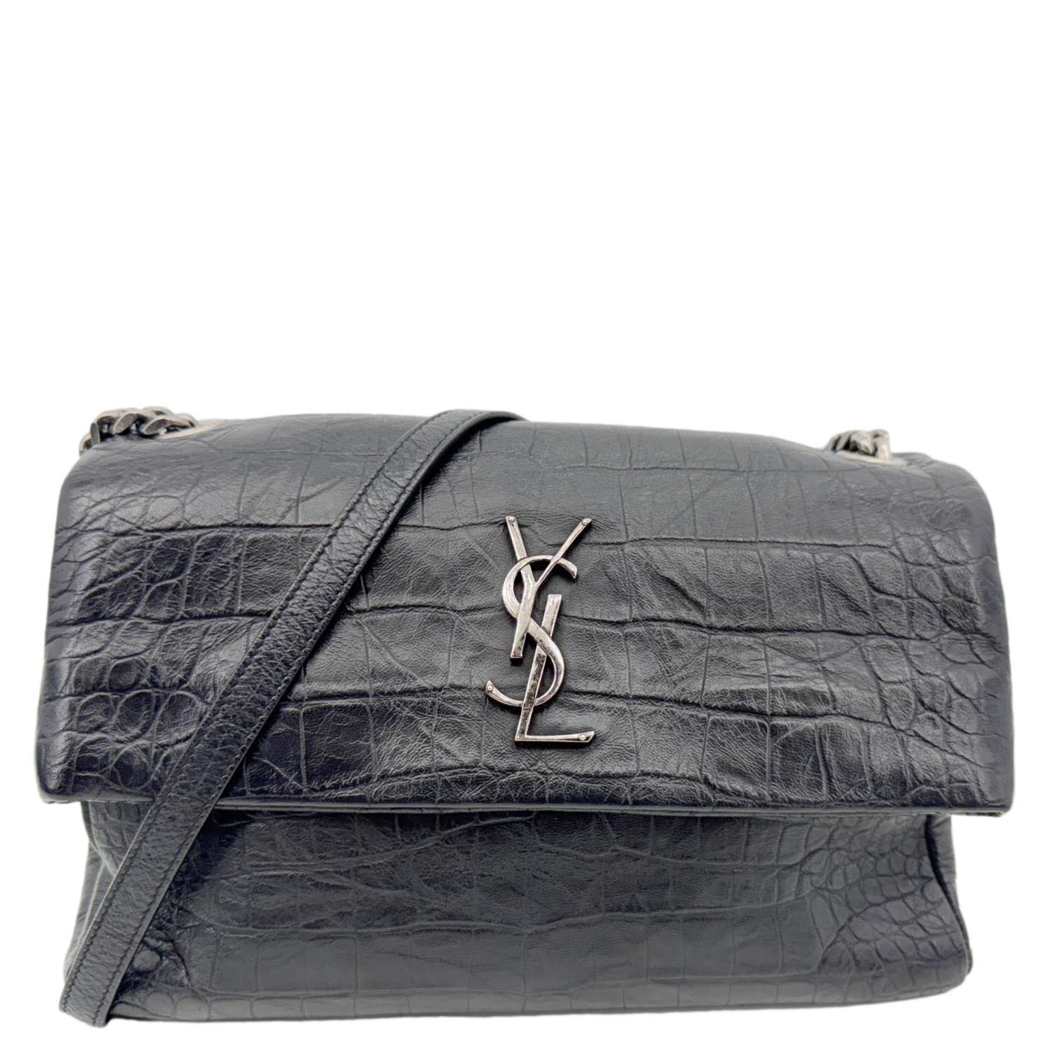 YSL Saint Laurent Yves West Hollywood Croc Crossbody Bag Black Medium Embossed