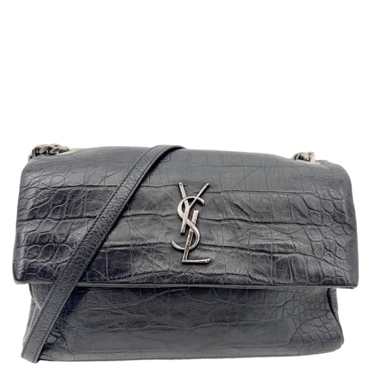 YSL Saint Laurent Yves West Hollywood Croc Crossbody Bag Black Medium Embossed