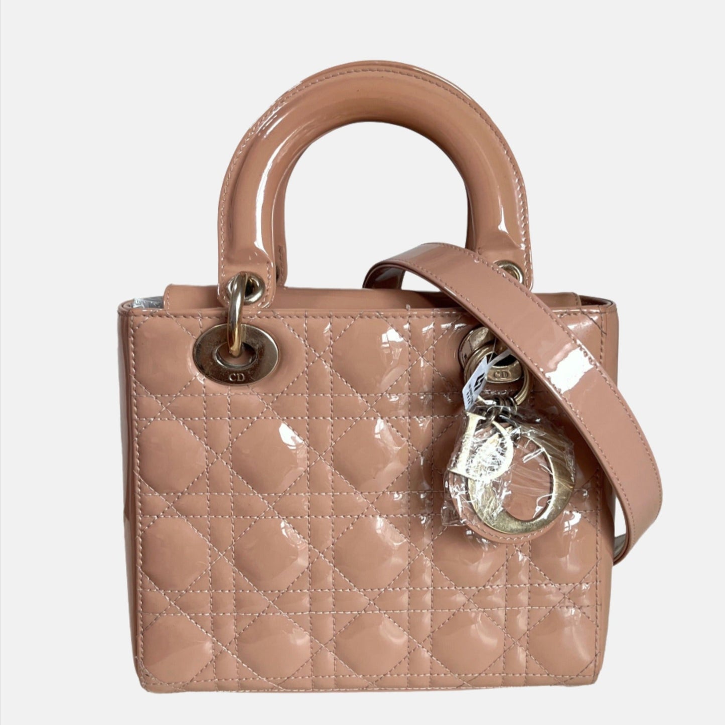 Dior Lady Nude Patent With Strap Handbag Leather Beige Travel Bag