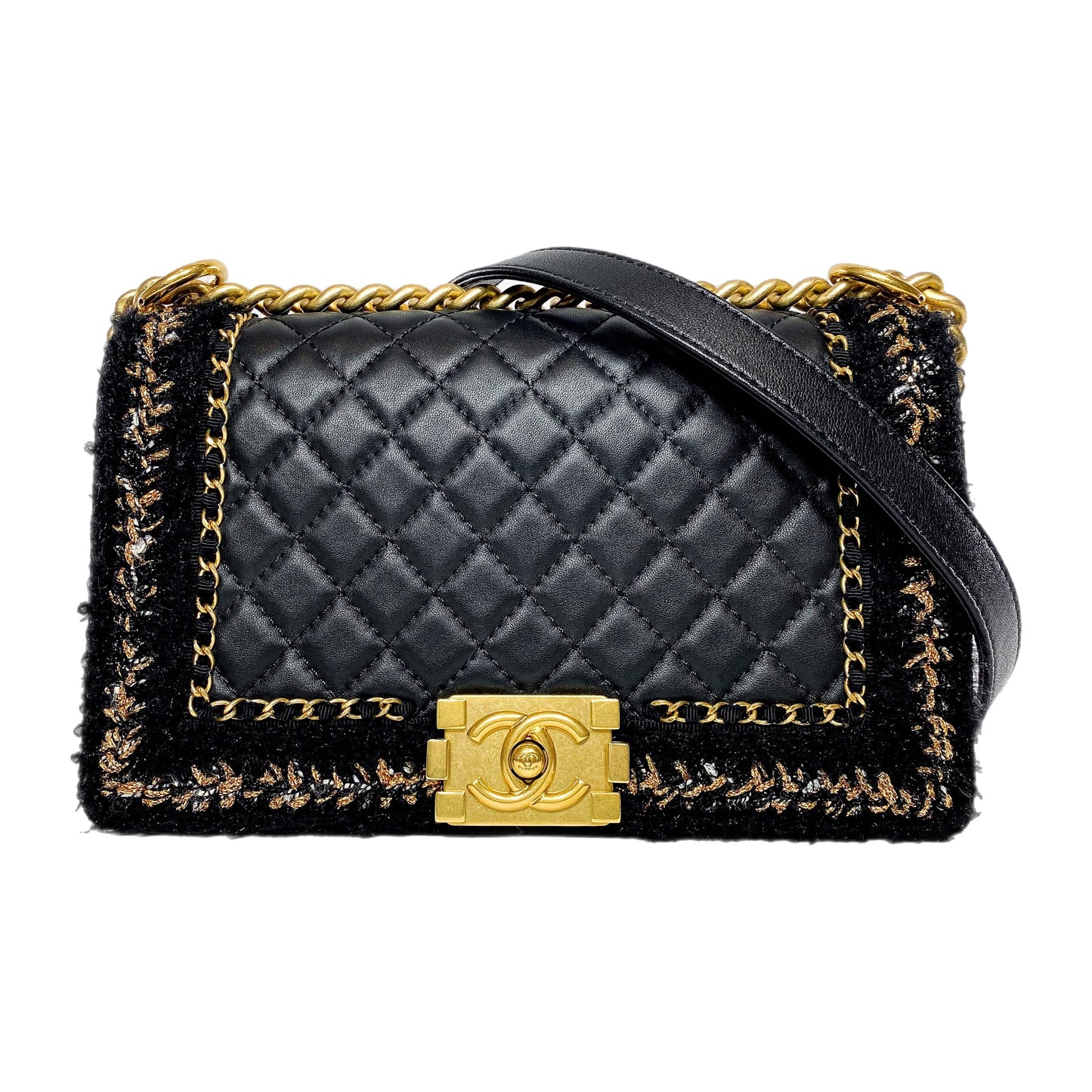 Chanel Black Tweed Lambskin Quilted Braided Jacket Boy Flap Bag