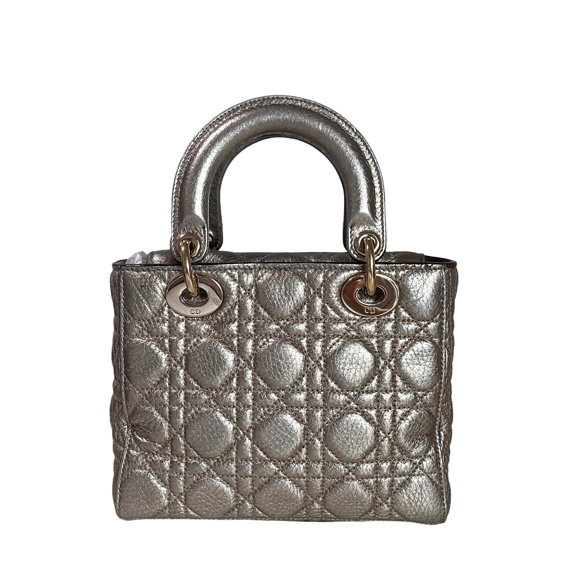 Dior Lady Supple Calfskin Cannage Handbag With Strap Leather Gold Travel Bag