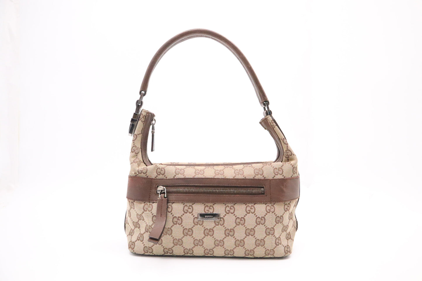 Gucci GG Leather Canvas Brown Shoulder Bag Brown Leather