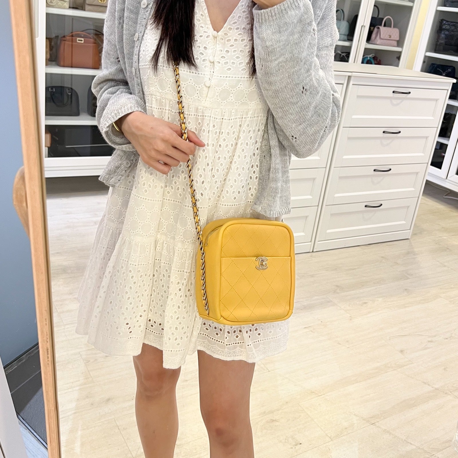 Chanel 19C Casual Trip North South Camera Bag in Yellow Stiff Lambskin and Ghw