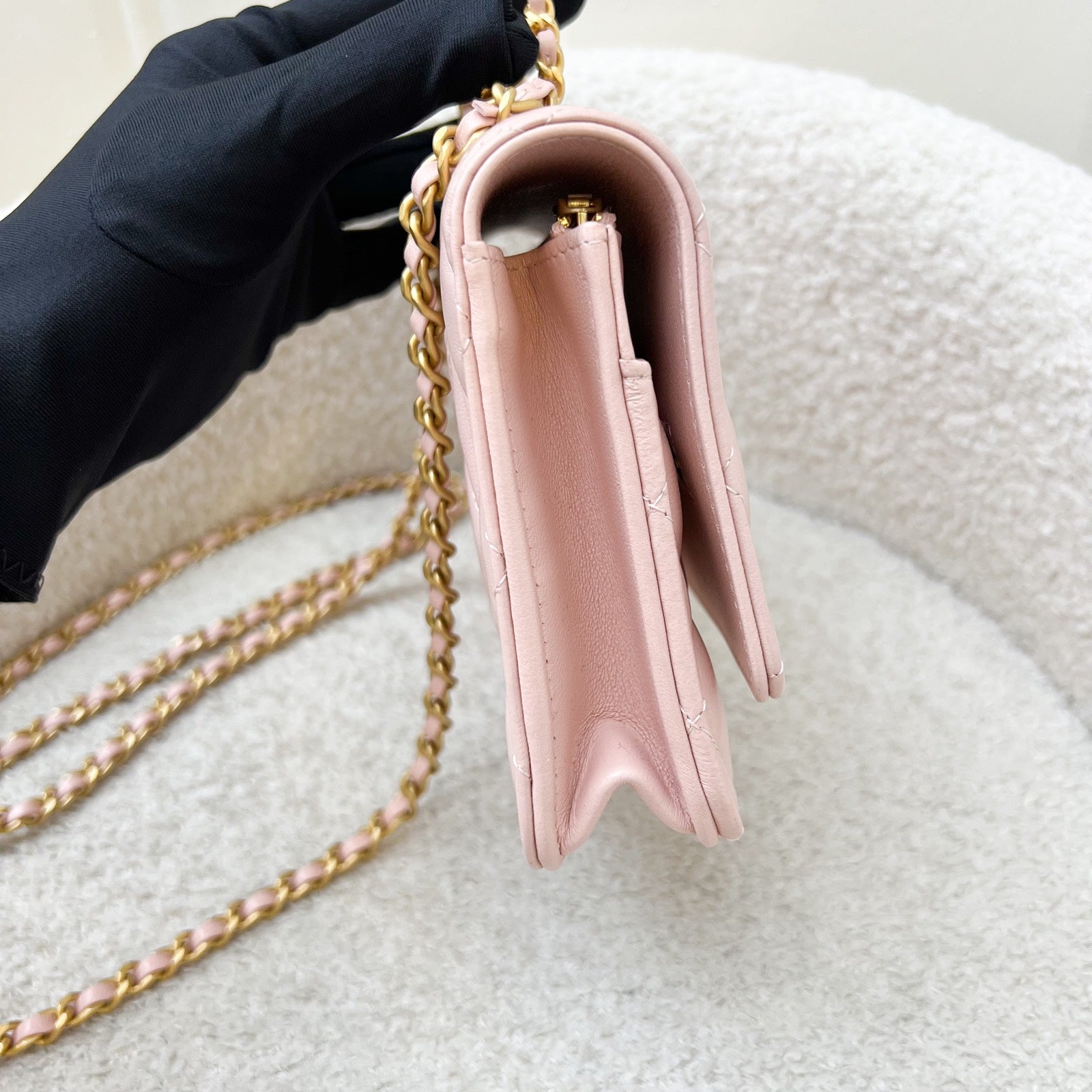 Chanel 24C Top Handle Wallet On Chain WOC In Rose Clair Pink Lambskin And Aghw (model: AP3664)