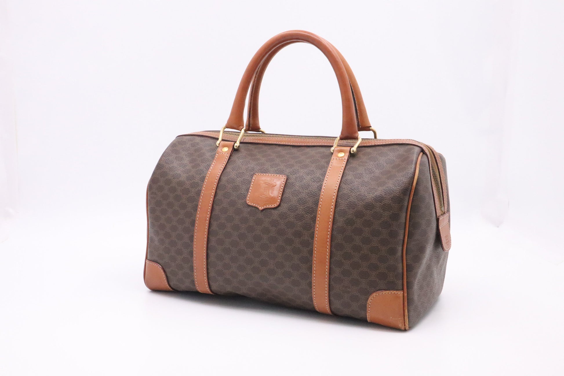 Celine Boston Bag In Macadam Canvas Brown Travel Bag