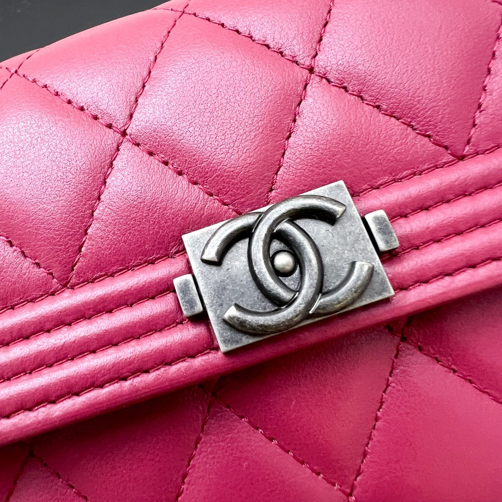 Chanel Boy Mid Length Wallet in Dark Pink Lambskin and Rhw Handbag