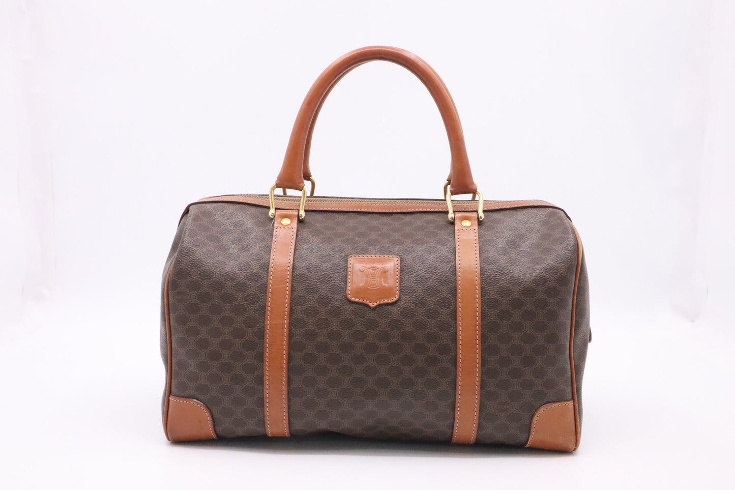 Celine Boston Bag In Macadam Canvas Brown Travel Bag