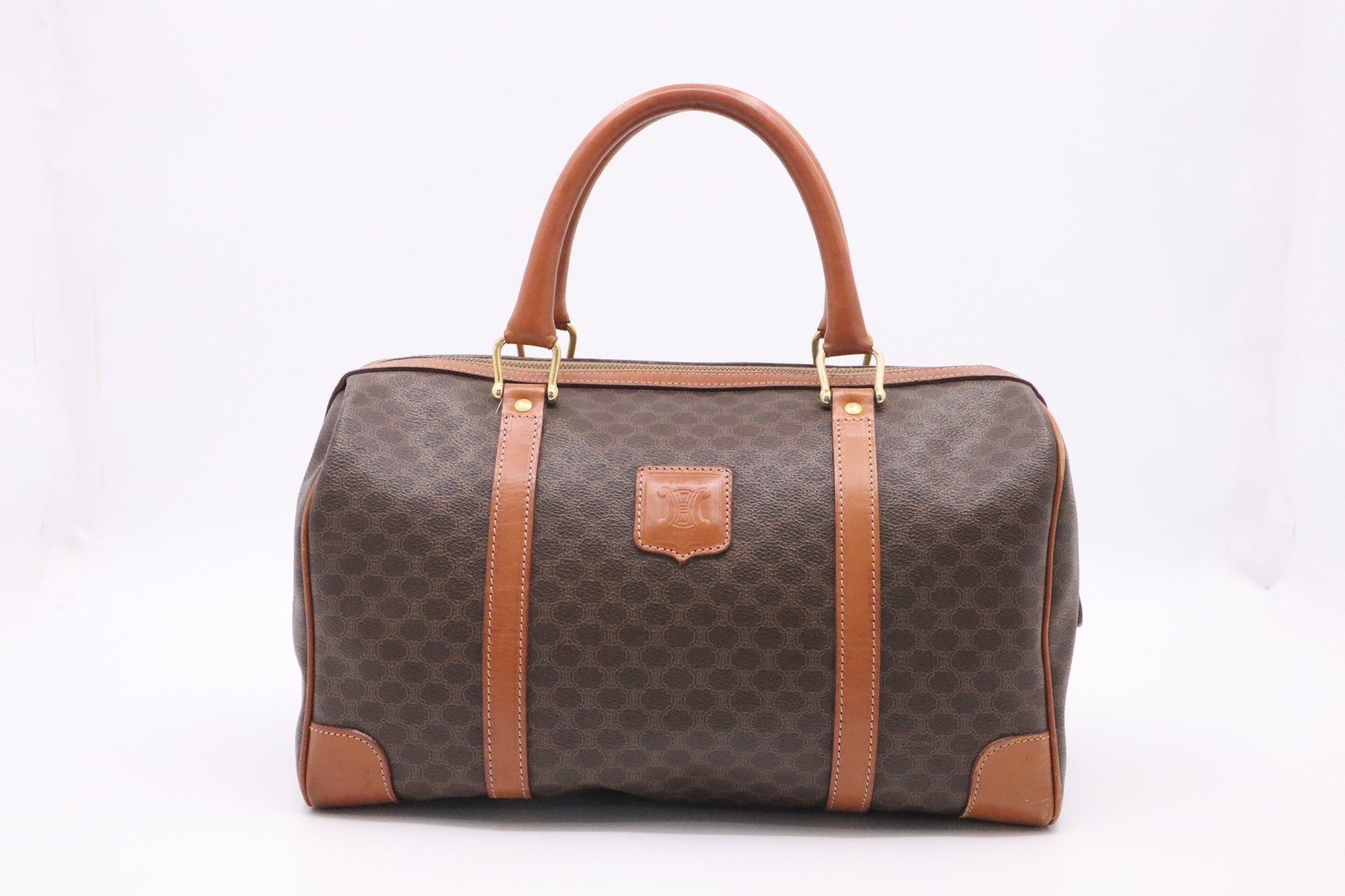 Celine Boston Bag In Macadam Canvas Brown Travel Bag