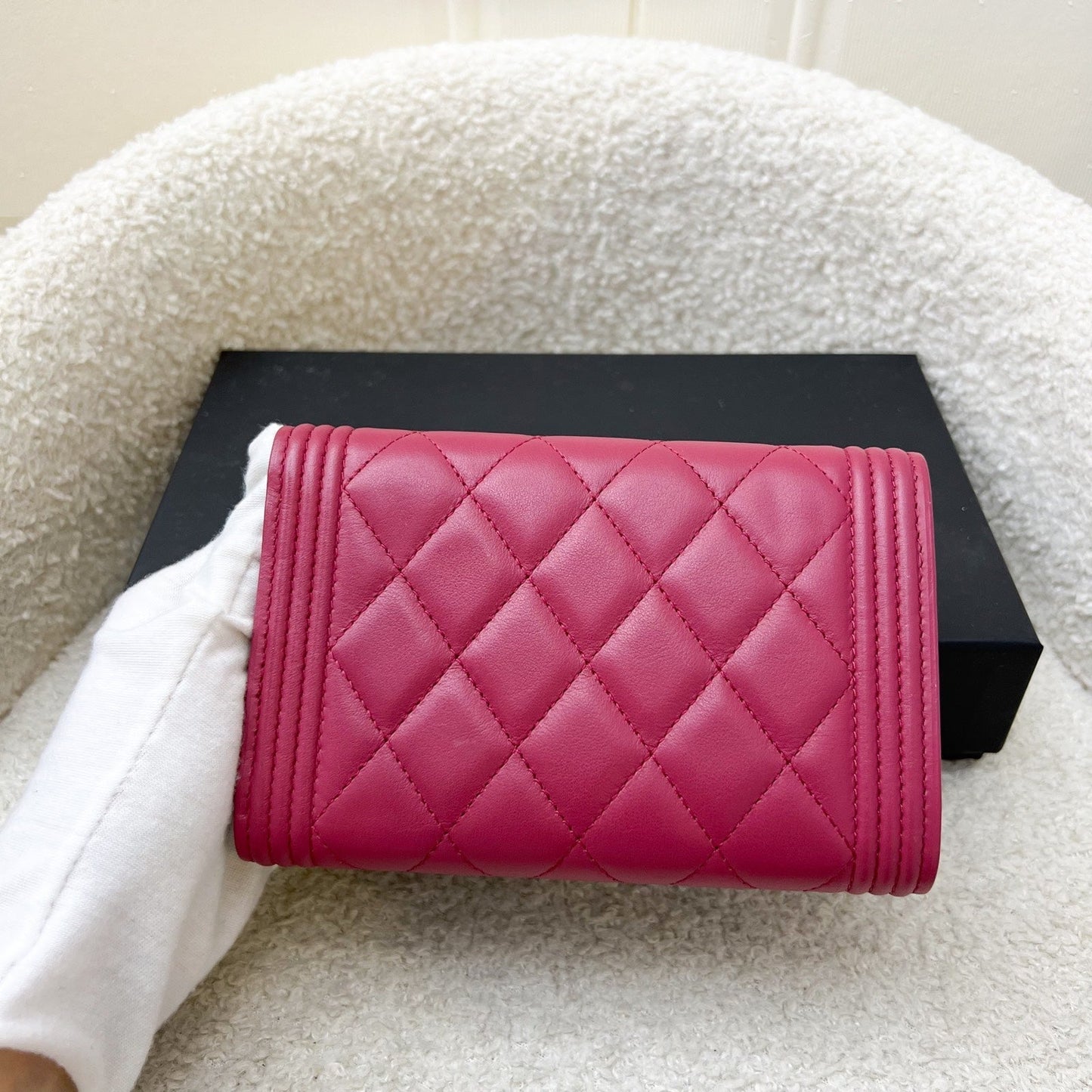 Chanel Boy Mid Length Wallet in Dark Pink Lambskin and Rhw Handbag