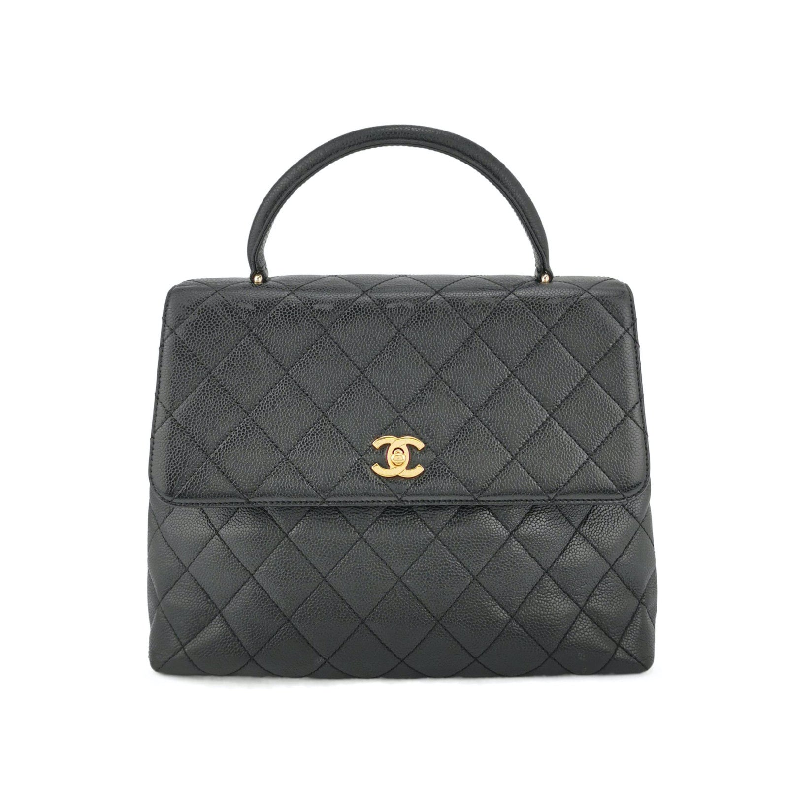 Chanel Top Handle Kelly Flap Quilted Caviar Black Leather Shoulder Bag