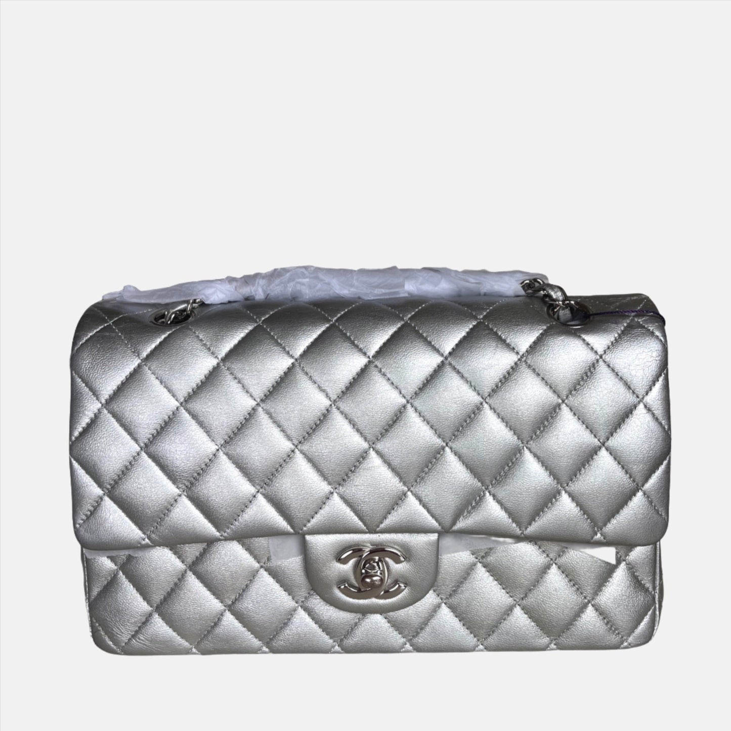 Chanel Classic Flap Lambskin Silver Leather Handbag