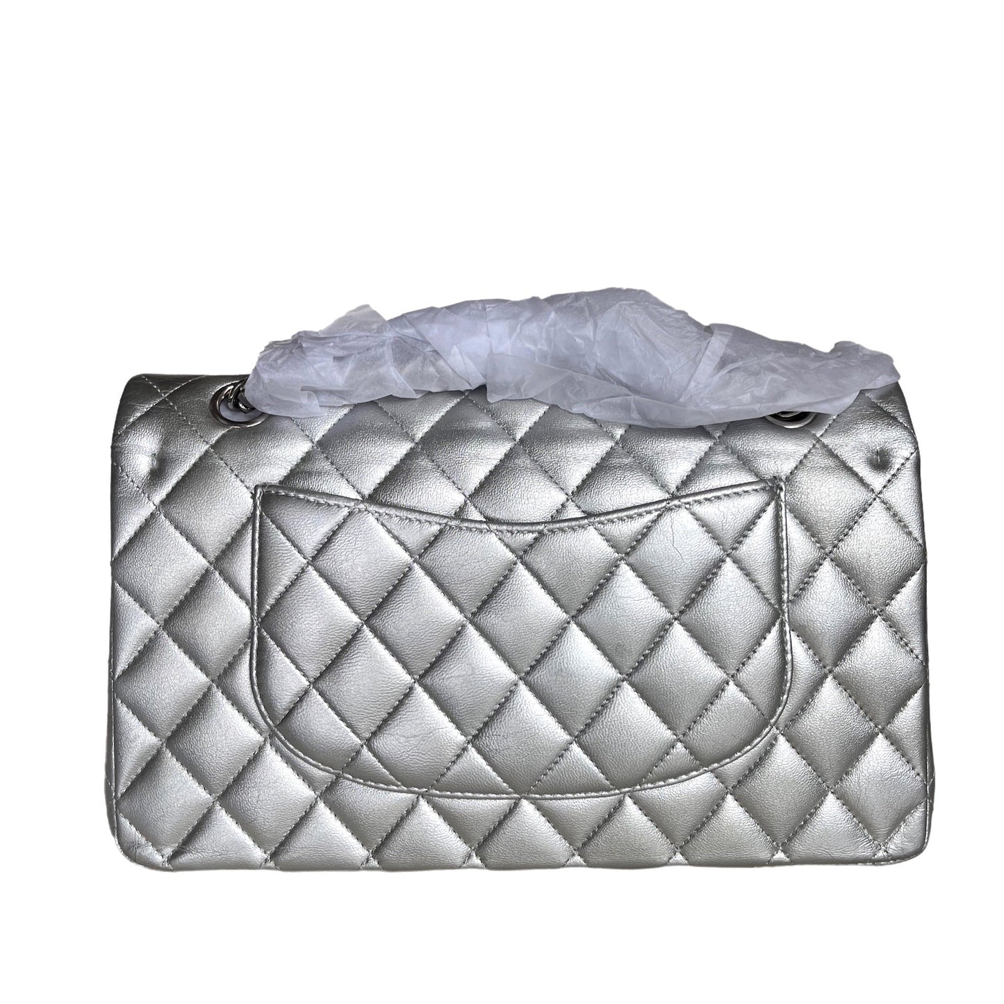Chanel Classic Flap Lambskin Silver Leather Handbag