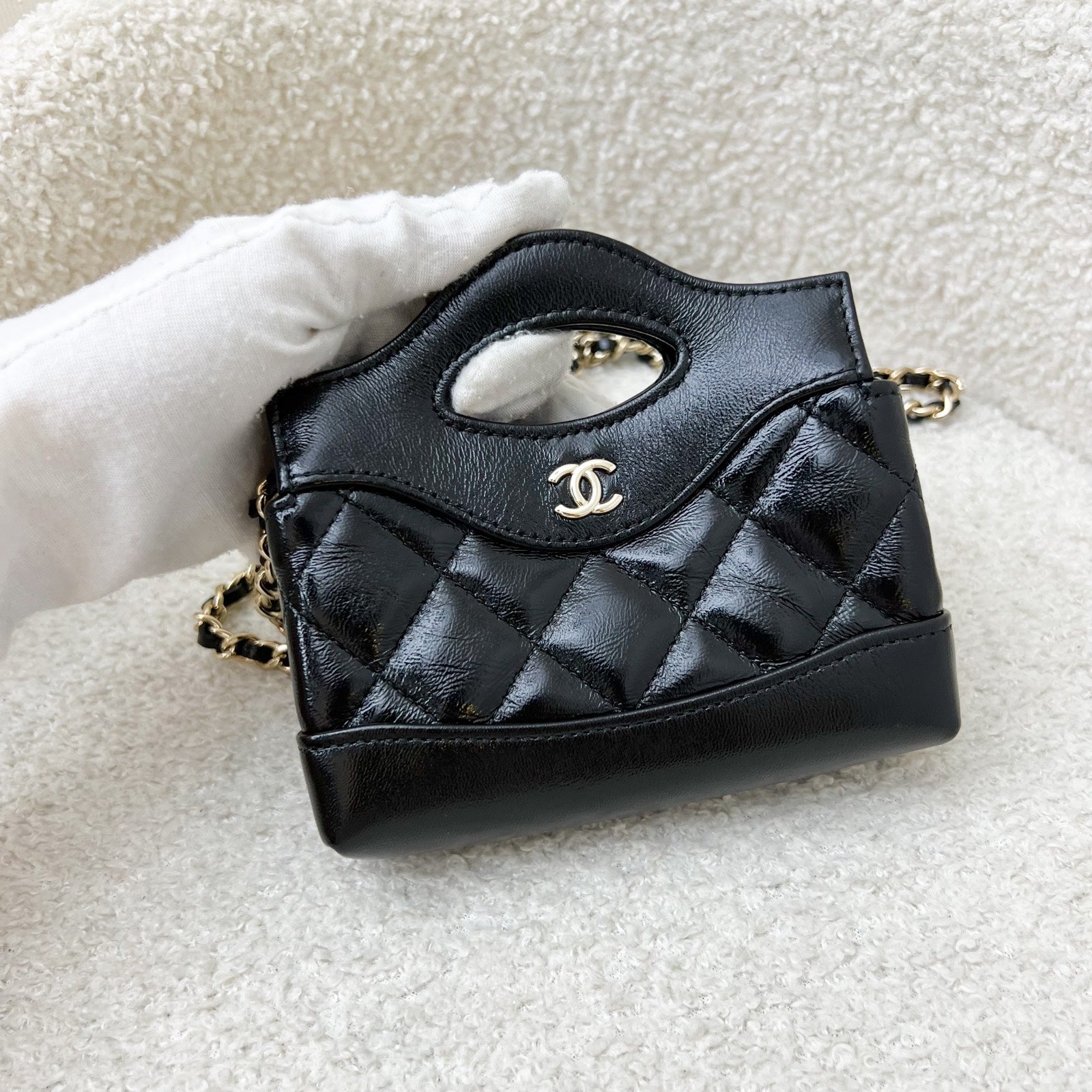 Chanel 31 Micro Shopping Bag in Black Shiny Calfskin and Lghw