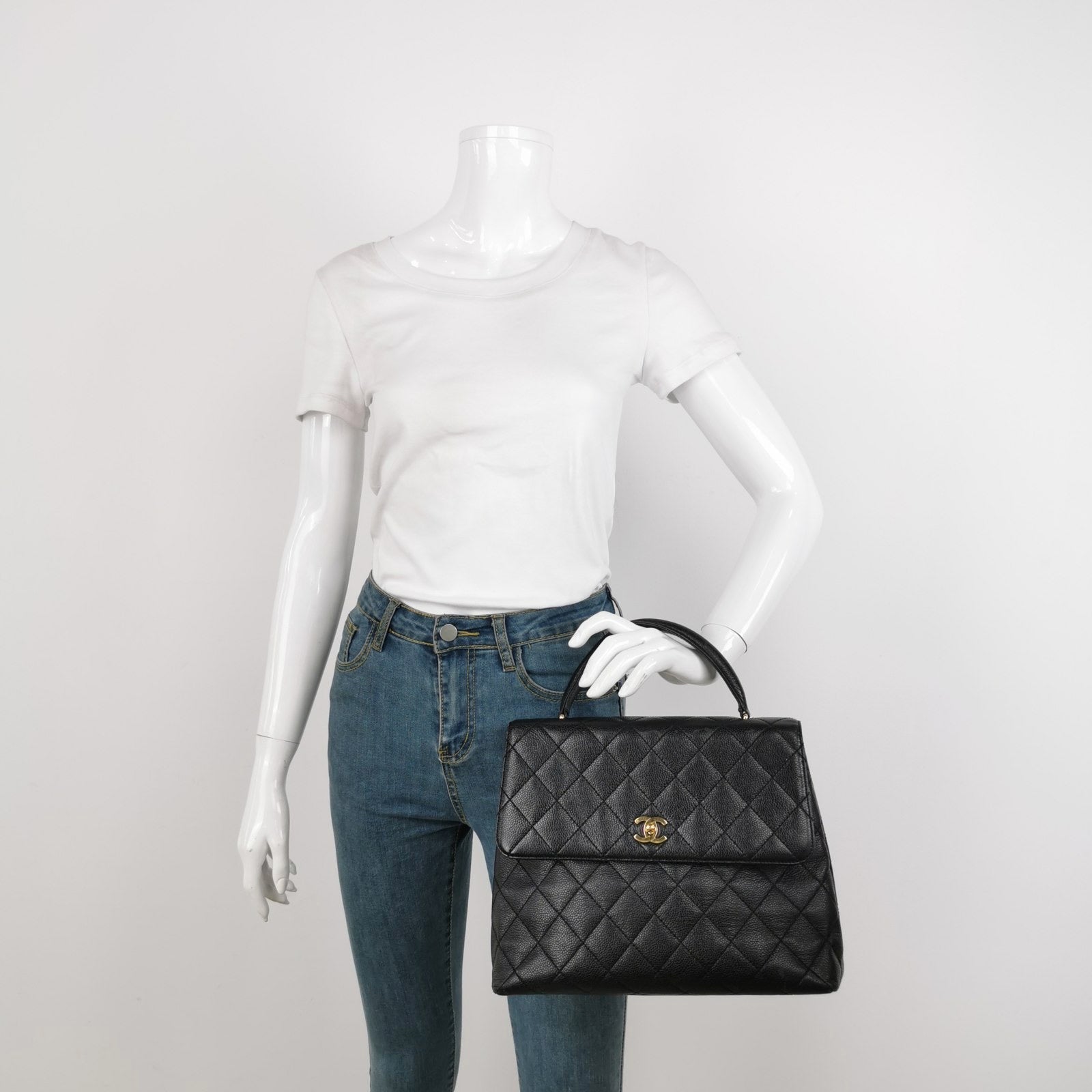 Chanel Top Handle Kelly Flap Quilted Caviar Black Leather Shoulder Bag