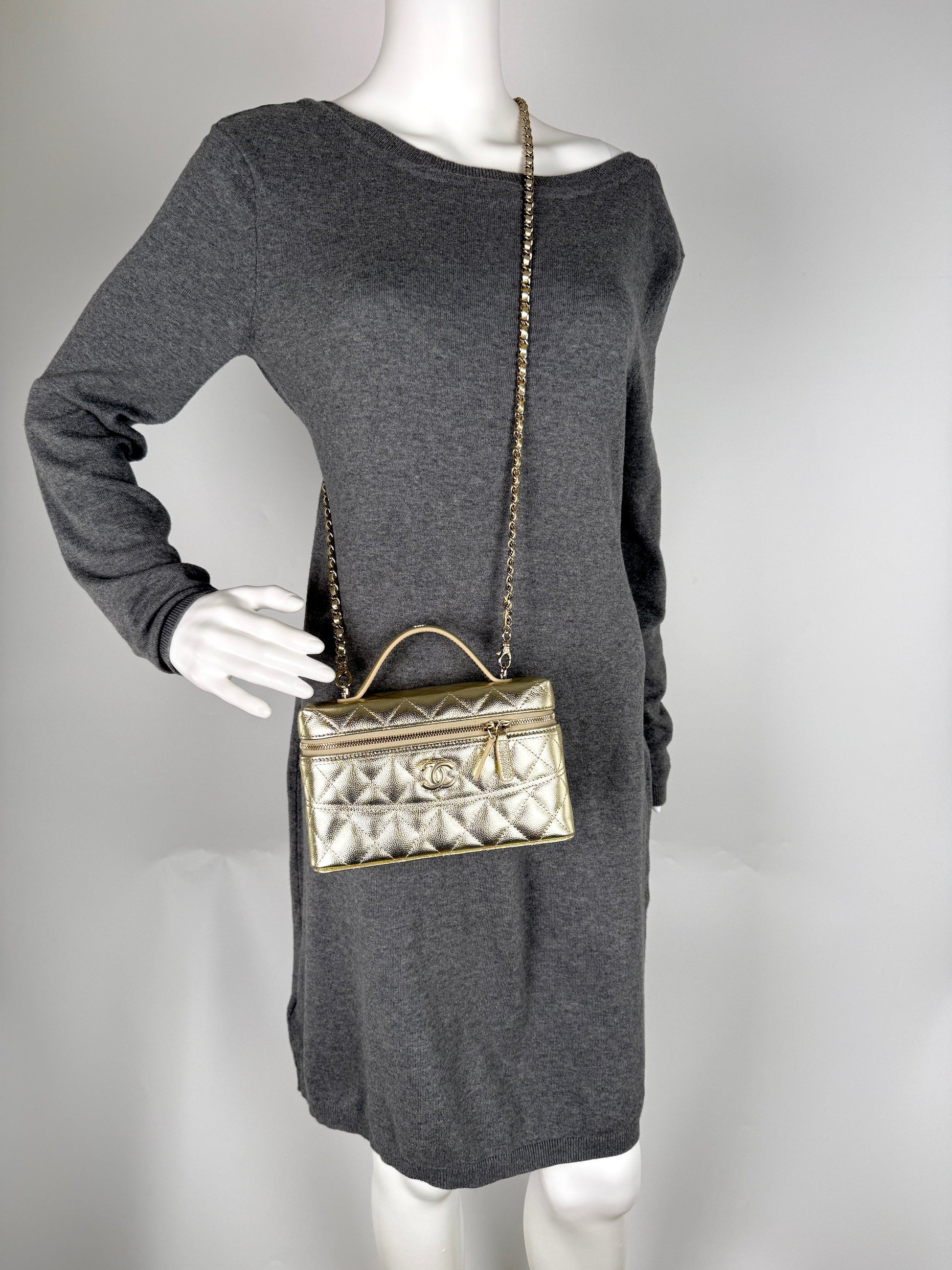 Chanel Long Classic Vanity Light Gold Caviar Quilted Zip Top Handle Crossbody With Chain Bag New