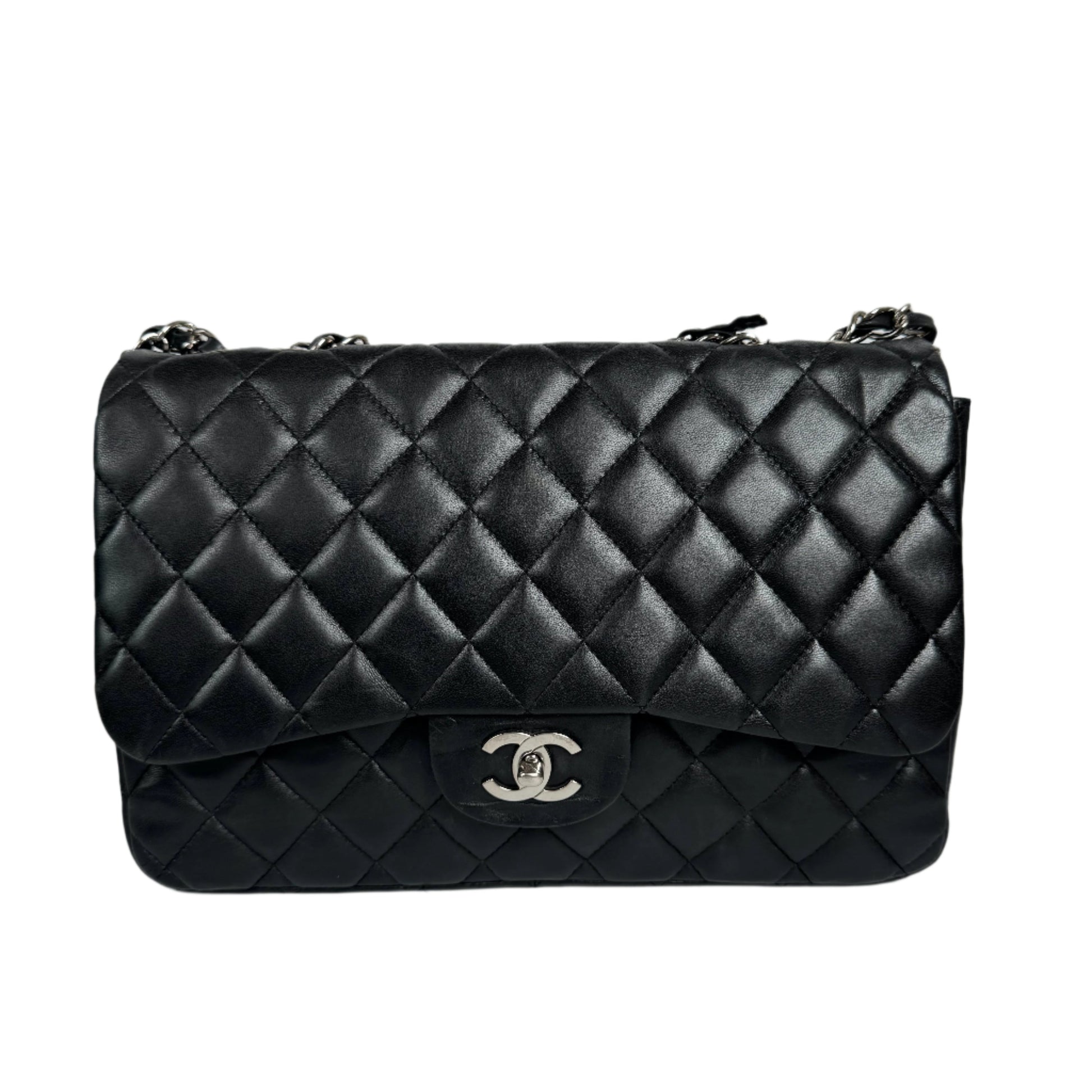 Chanel Classic Flap Jumbo Lambskin Single Flap Black Silver Leather Handbag Hardware 1