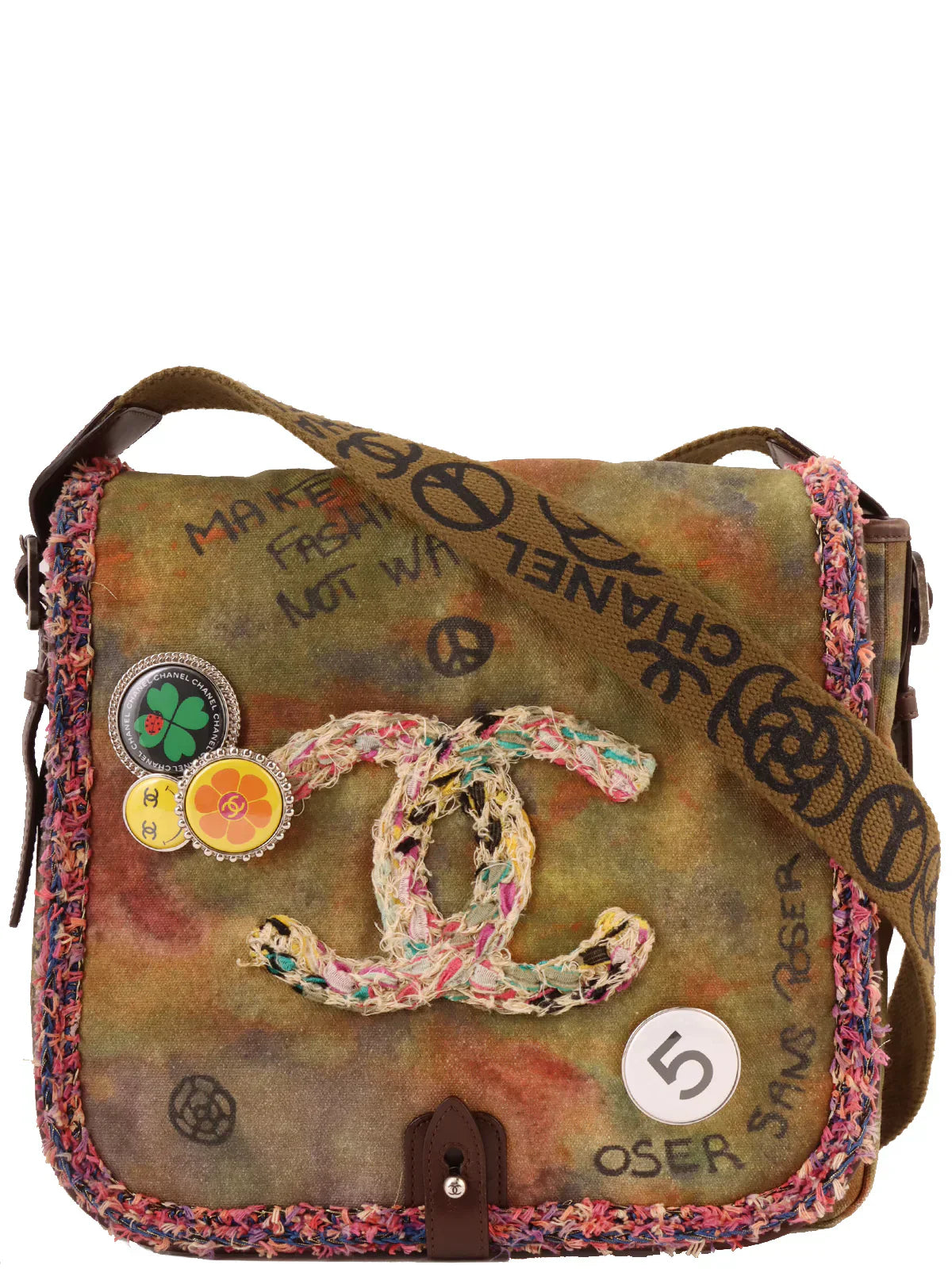 Chanel Around  Made Canvas Tweed Combination Embroidery Shoulder Bag Khaki/Multi