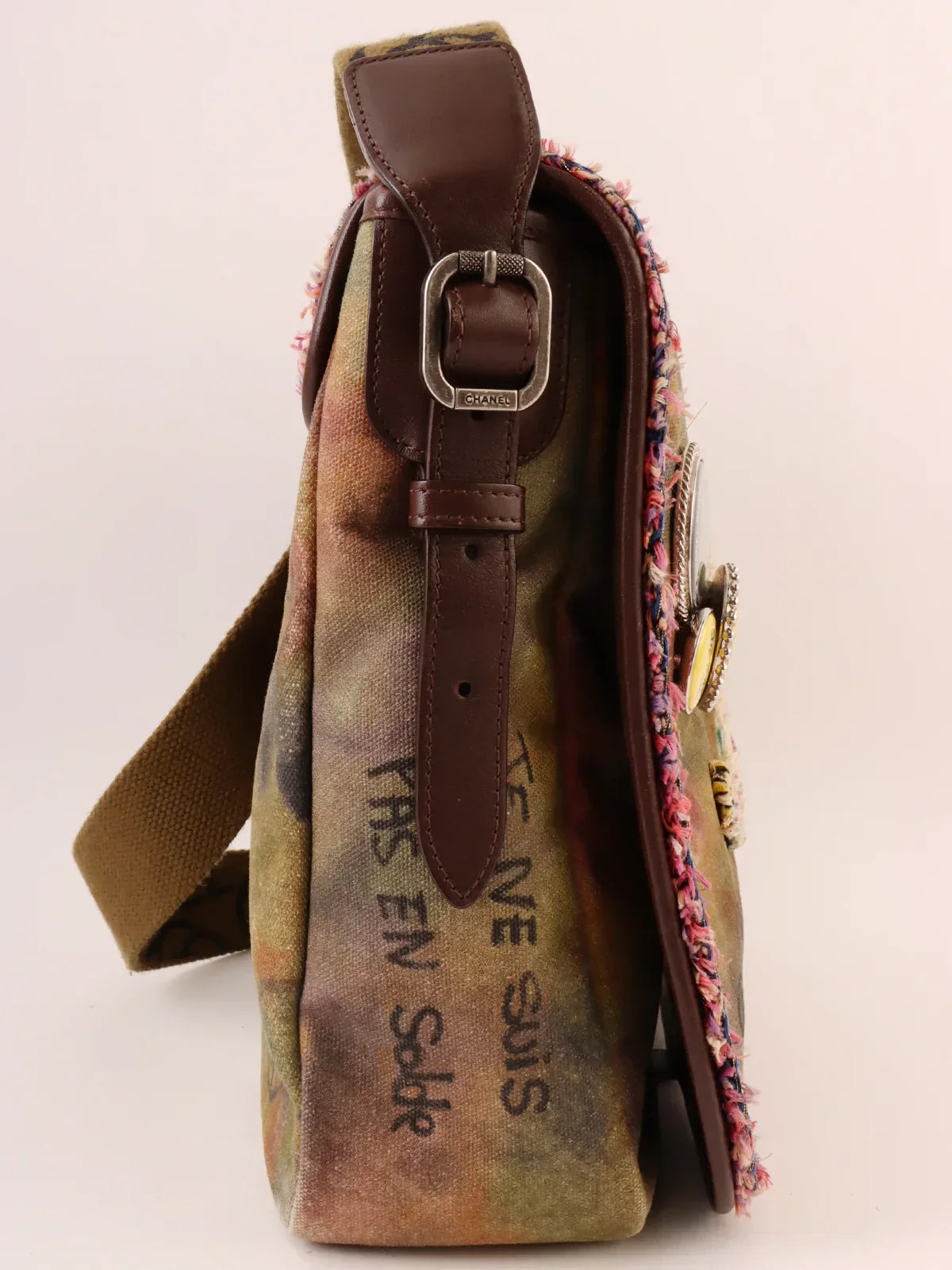 Chanel Around  Made Canvas Tweed Combination Embroidery Shoulder Bag Khaki/Multi