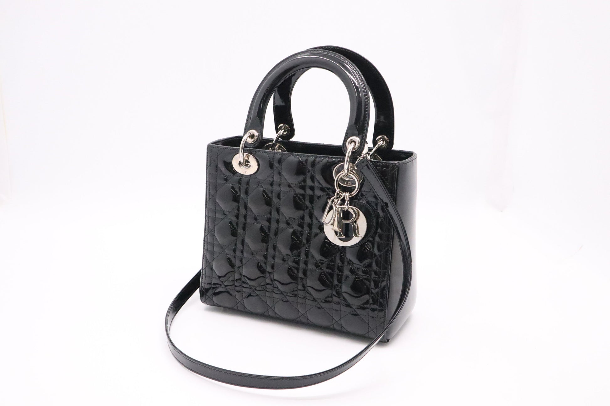 Dior Lady In Cannage Patent Handbag Leather Black Travel Bag Leather Handbag