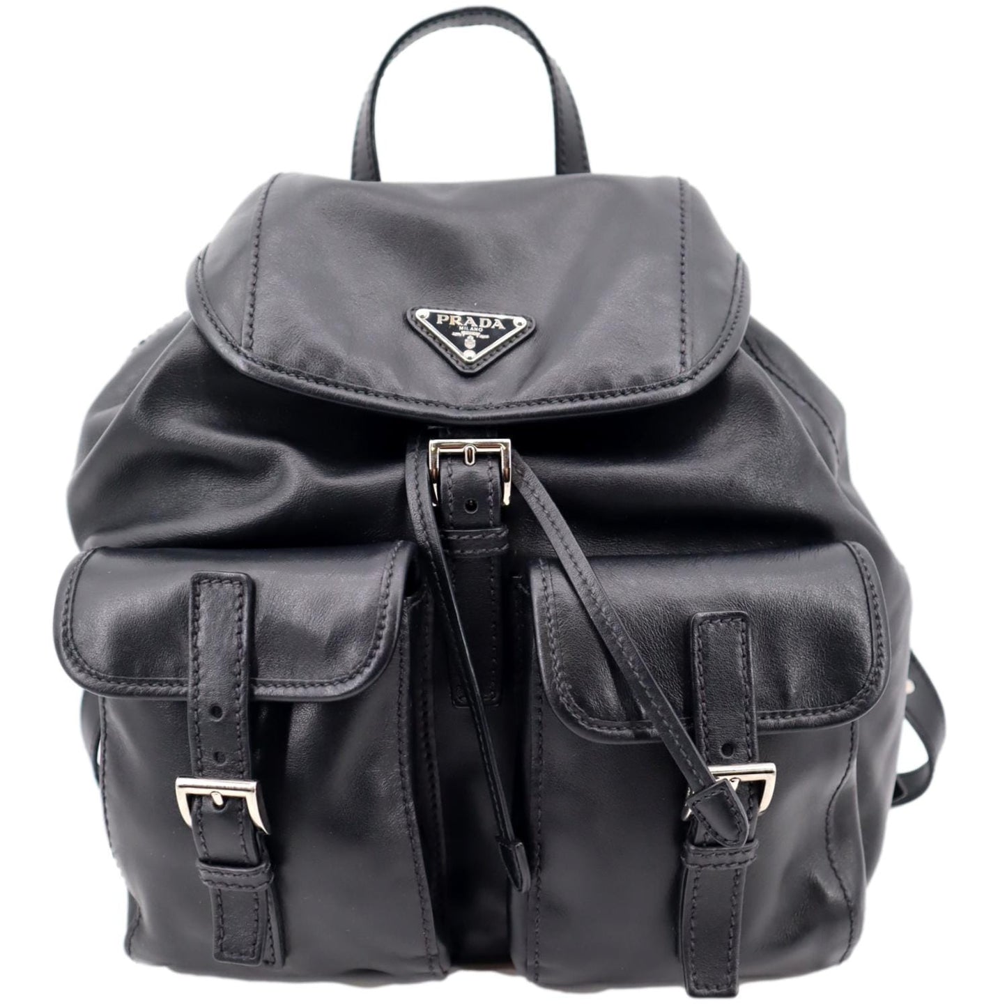 Milano Double Pocket Backpack Bag Leather Black